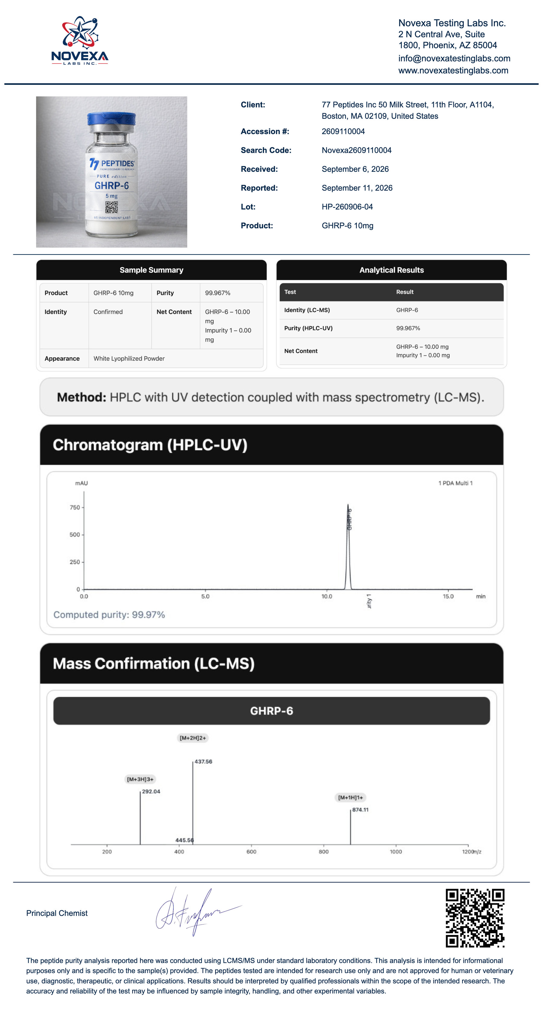 GHRP-6 10 mg Certificate of Analysis — Novexa Testing Labs report