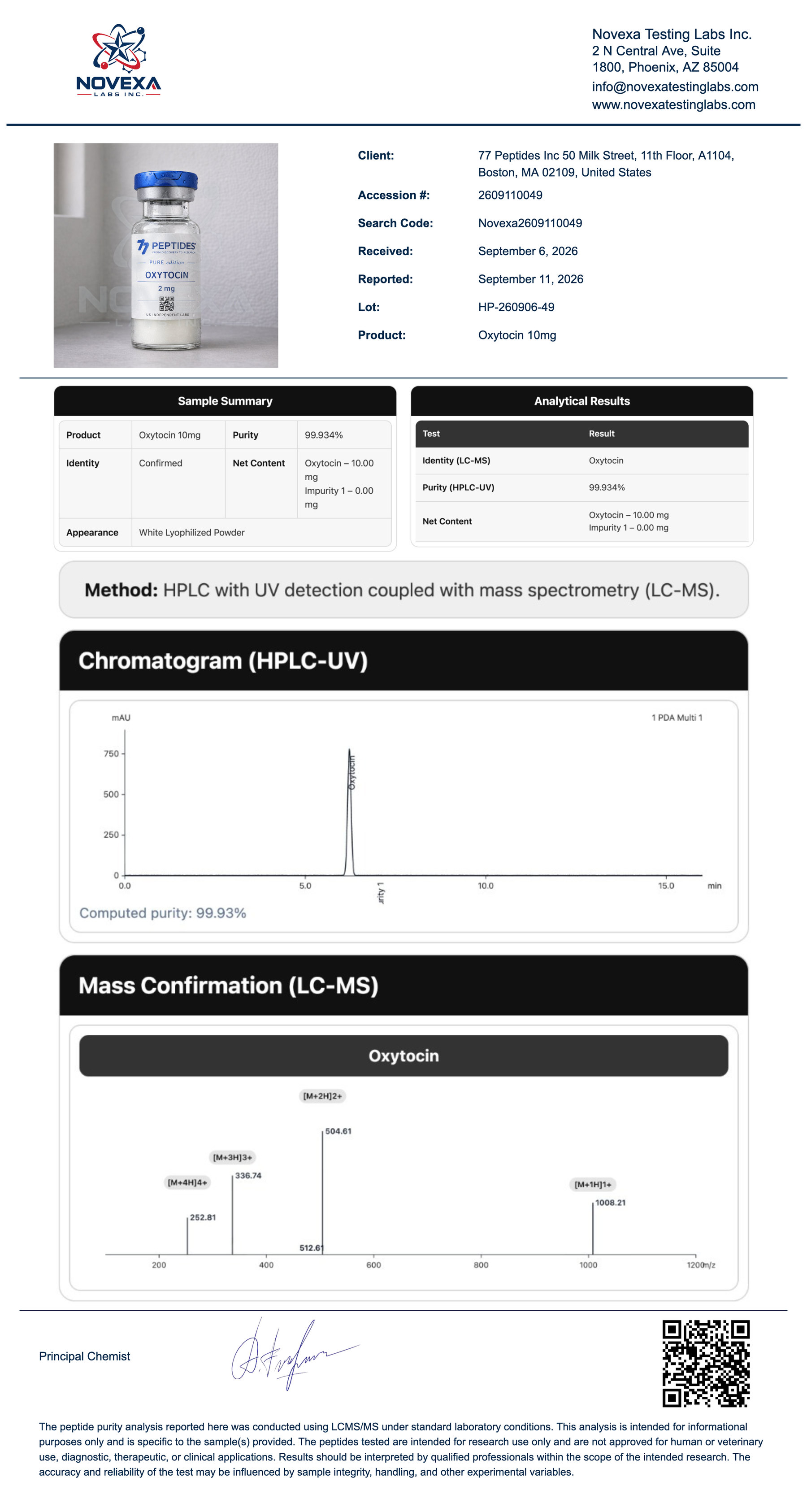 Oxytocin 10 mg Certificate of Analysis — Novexa Testing Labs report