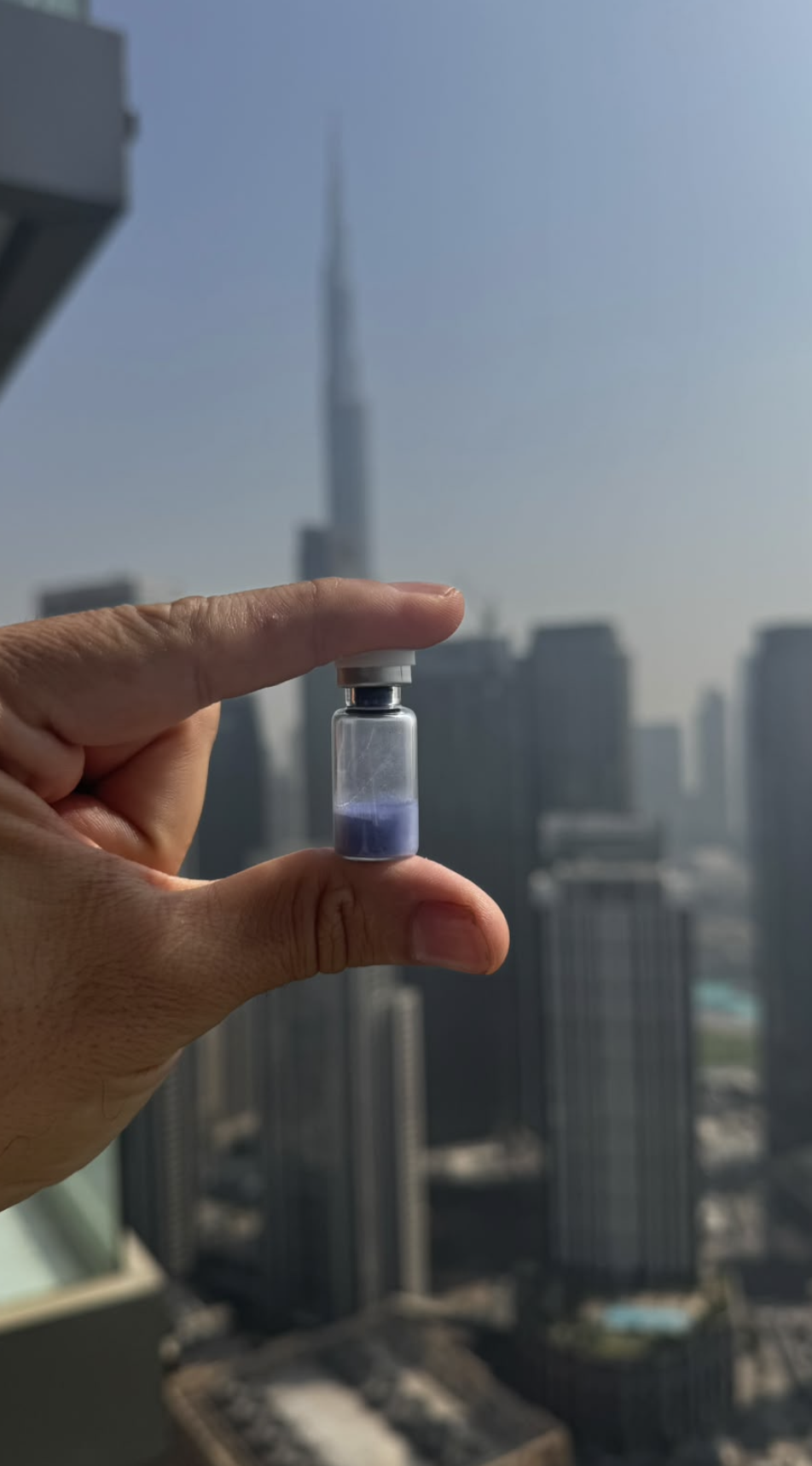 GHK-Cu vial with the label removed, held up against the Dubai skyline