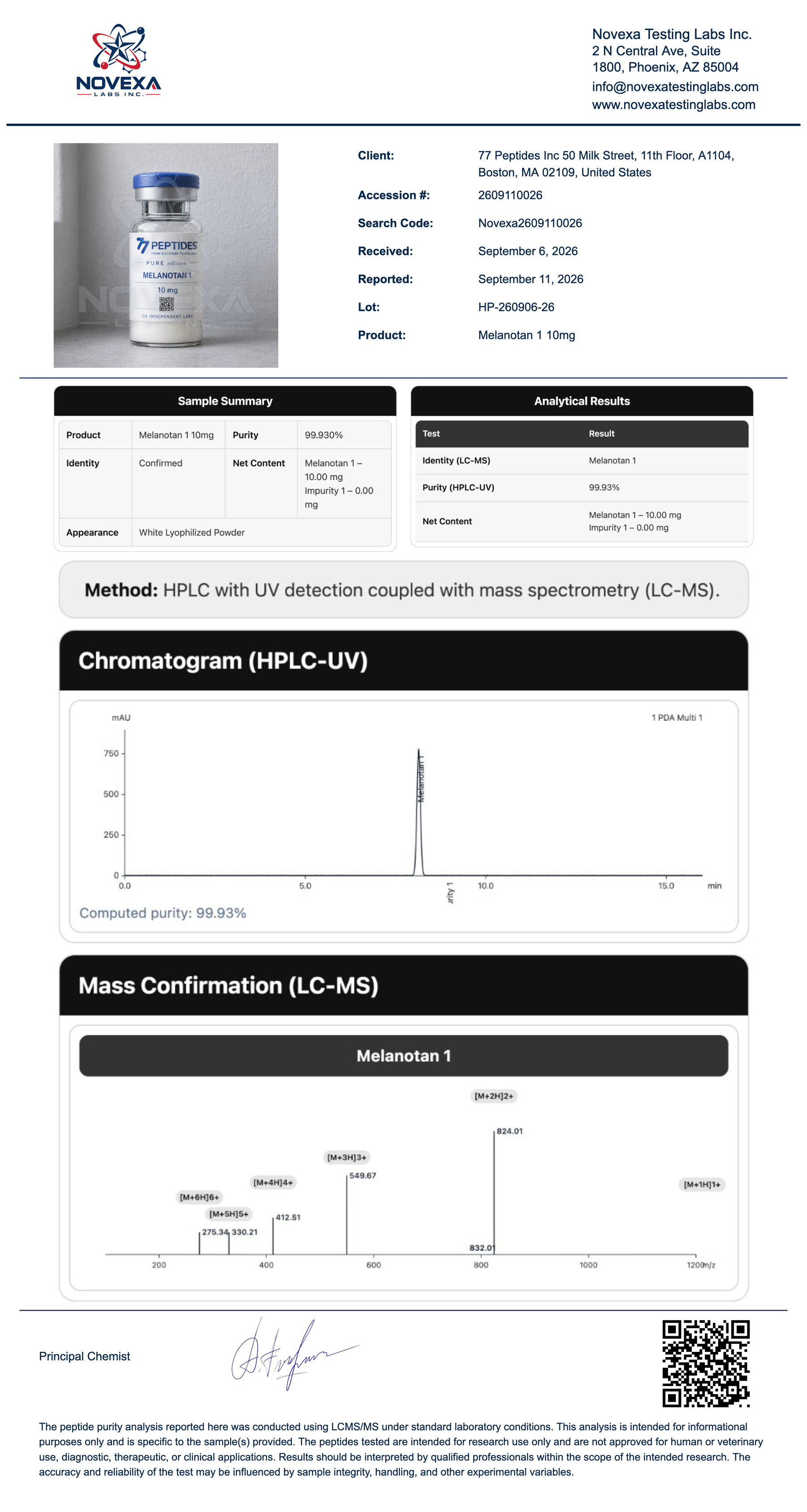 Melanotan 1 10 mg Certificate of Analysis — Novexa Testing Labs report