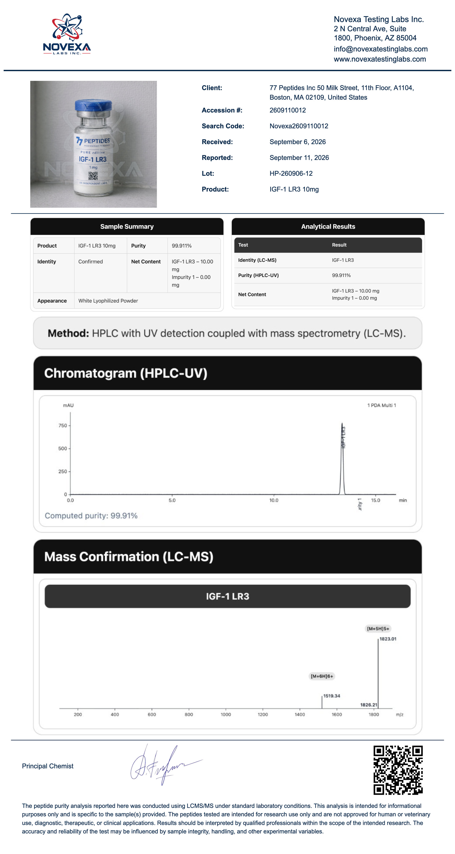 IGF-1 LR3 10 mg Certificate of Analysis — Novexa Testing Labs report