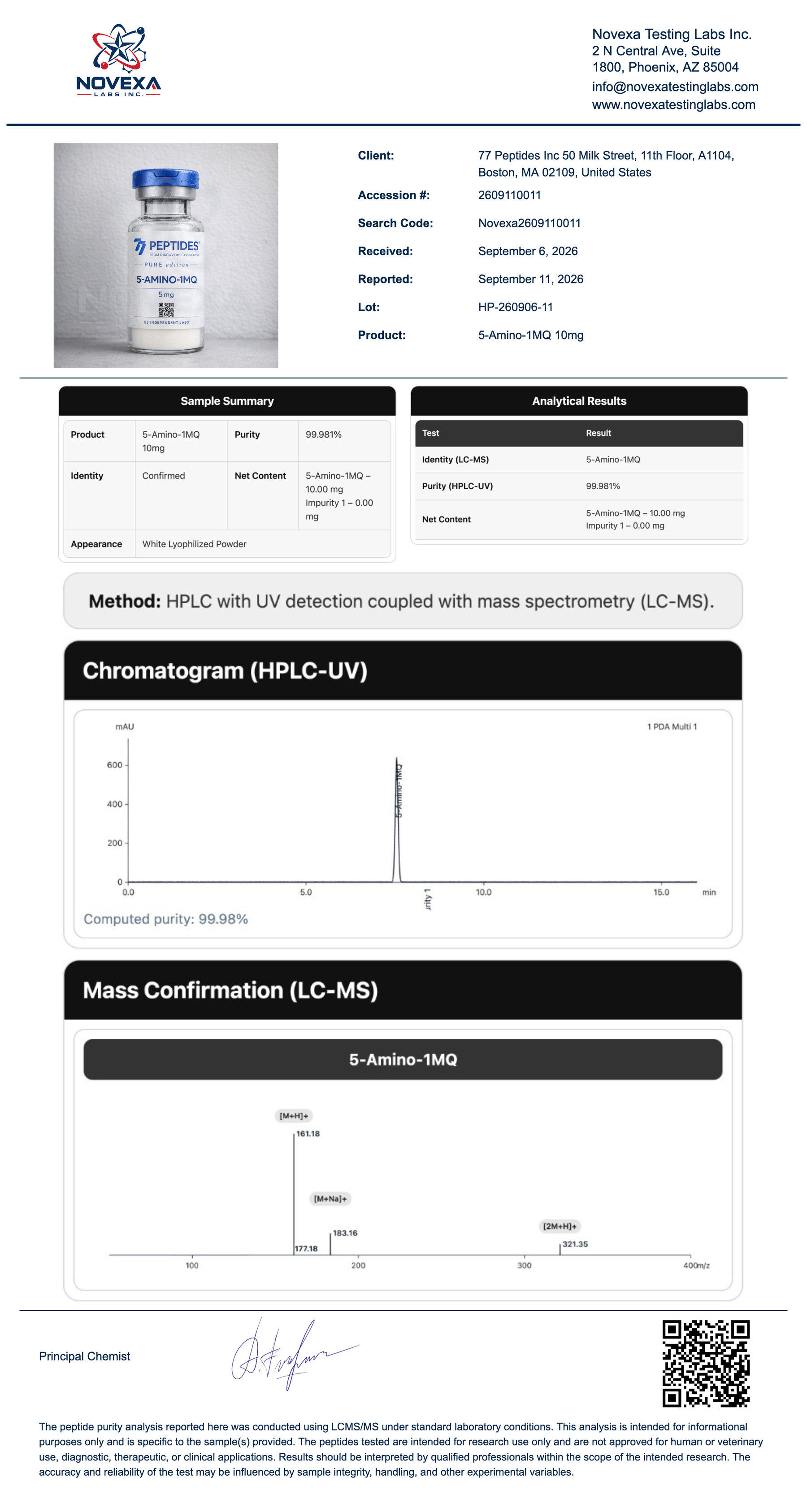 5-Amino-1MQ 10 mg Certificate of Analysis — Novexa Testing Labs report