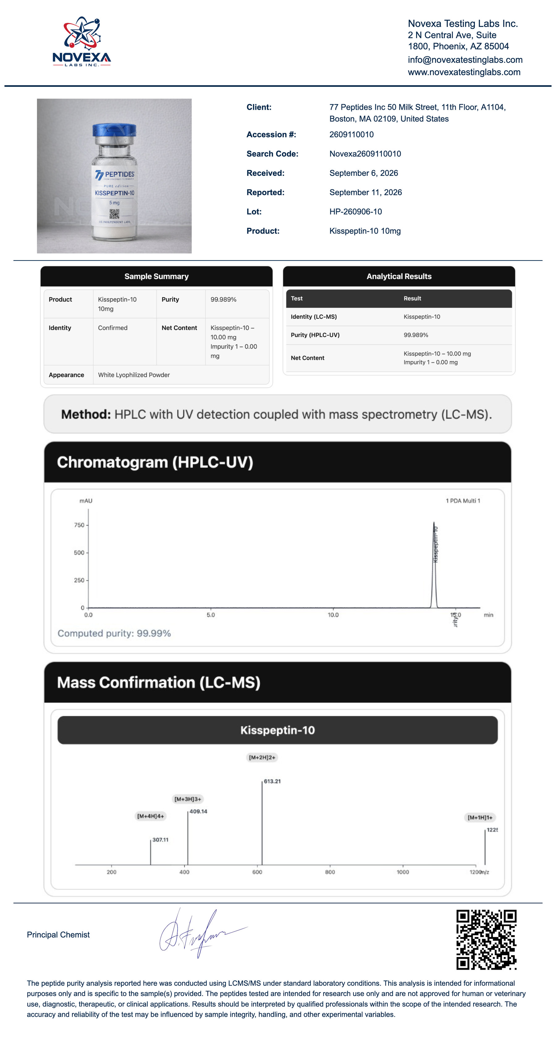 Kisspeptin-10 10 mg Certificate of Analysis — Novexa Testing Labs report