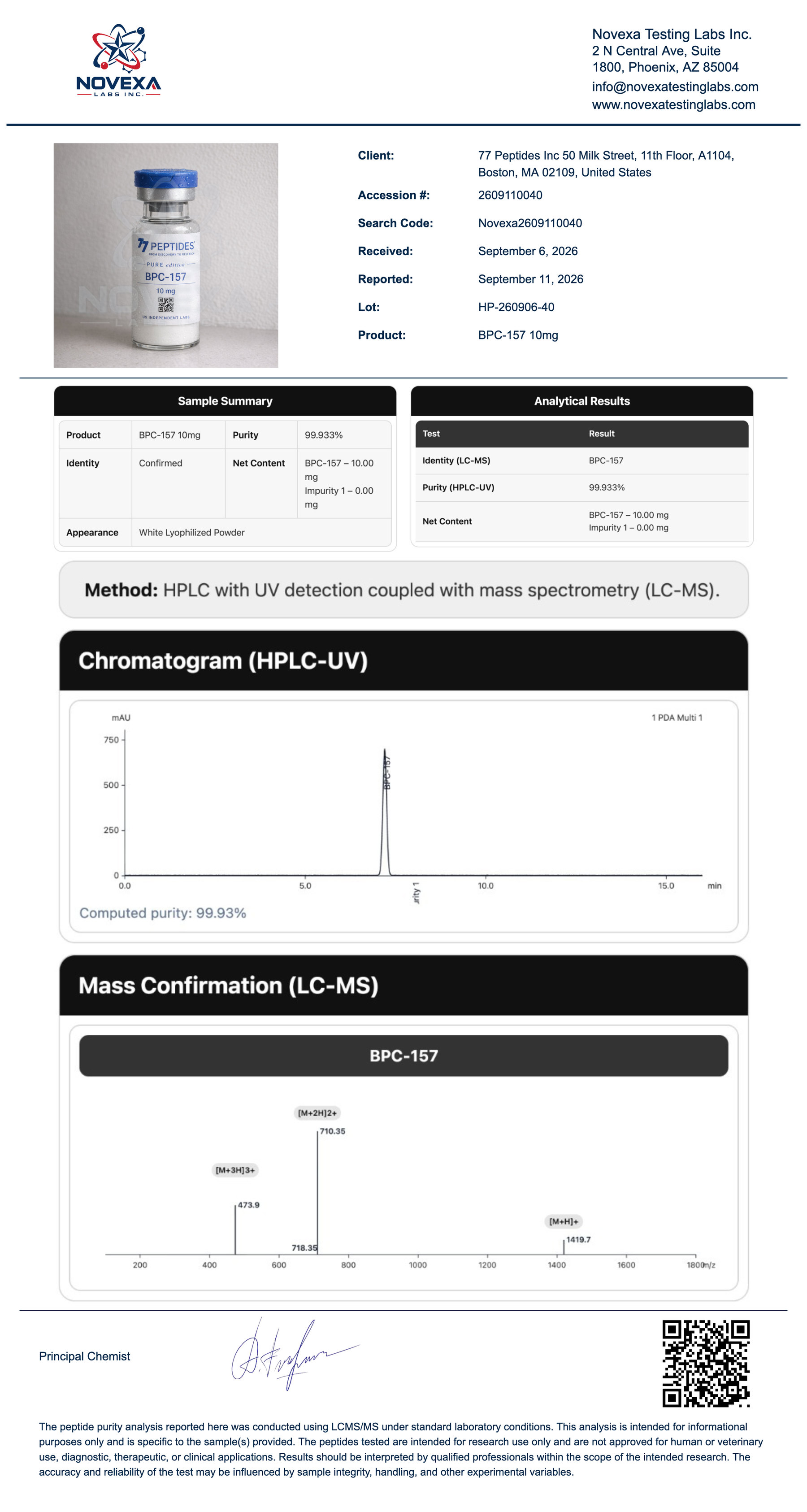 BPC-157 10 mg Certificate of Analysis — Novexa Testing Labs report