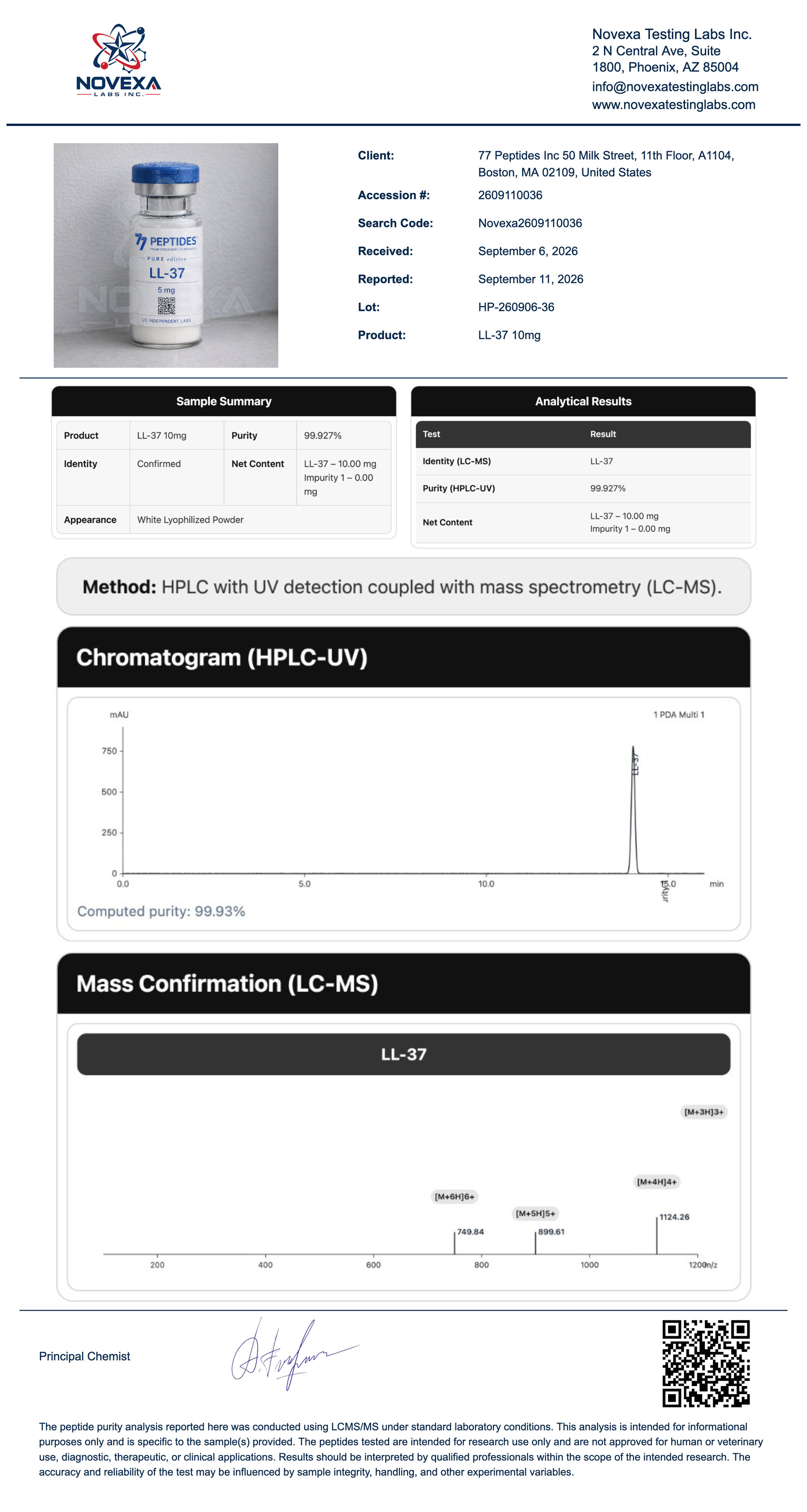 LL-37 10 mg Certificate of Analysis — Novexa Testing Labs report