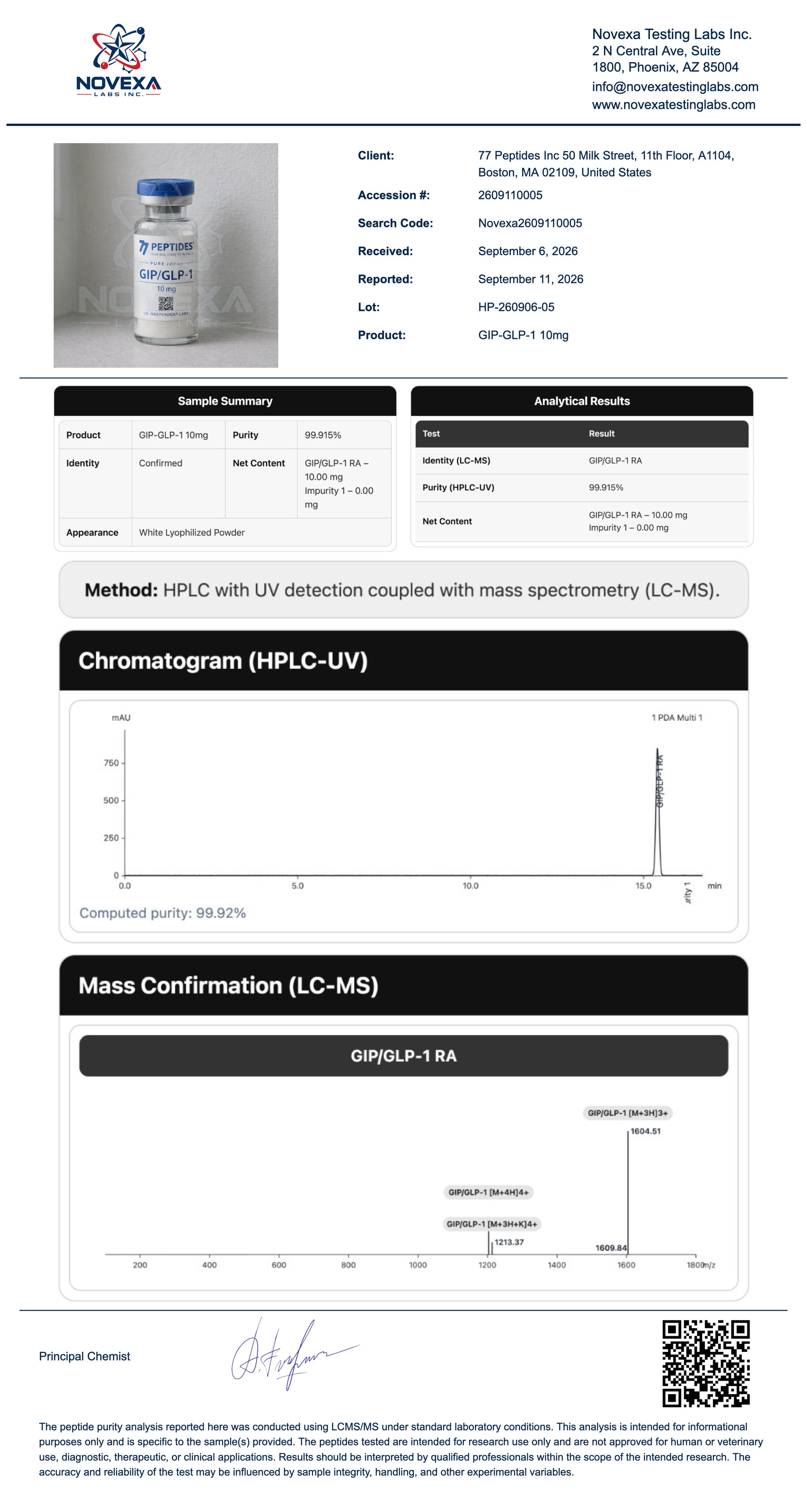 GIP/GLP-1 10 mg Certificate of Analysis — Novexa Testing Labs report