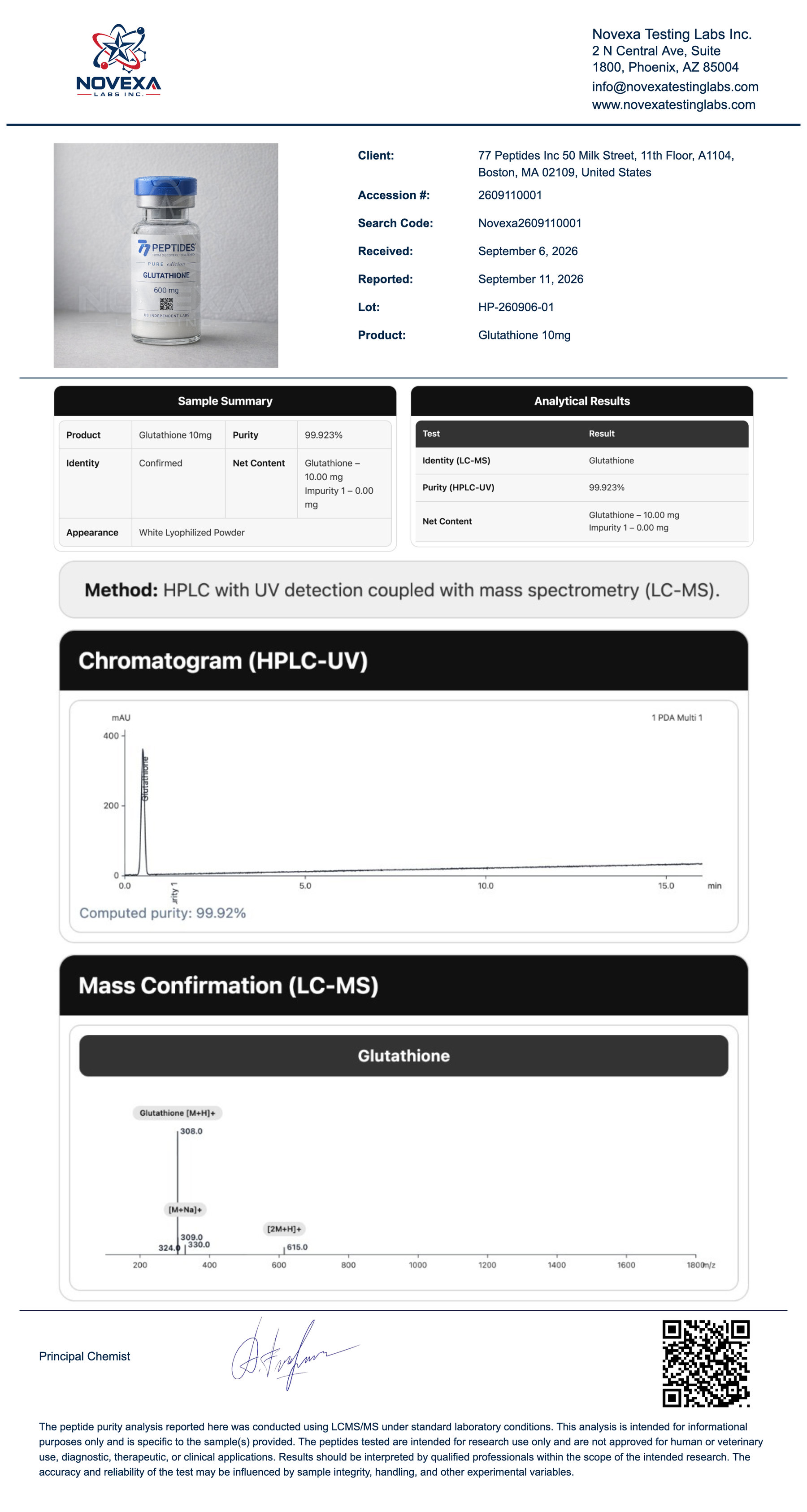 Glutathione 10 mg Certificate of Analysis — Novexa Testing Labs report