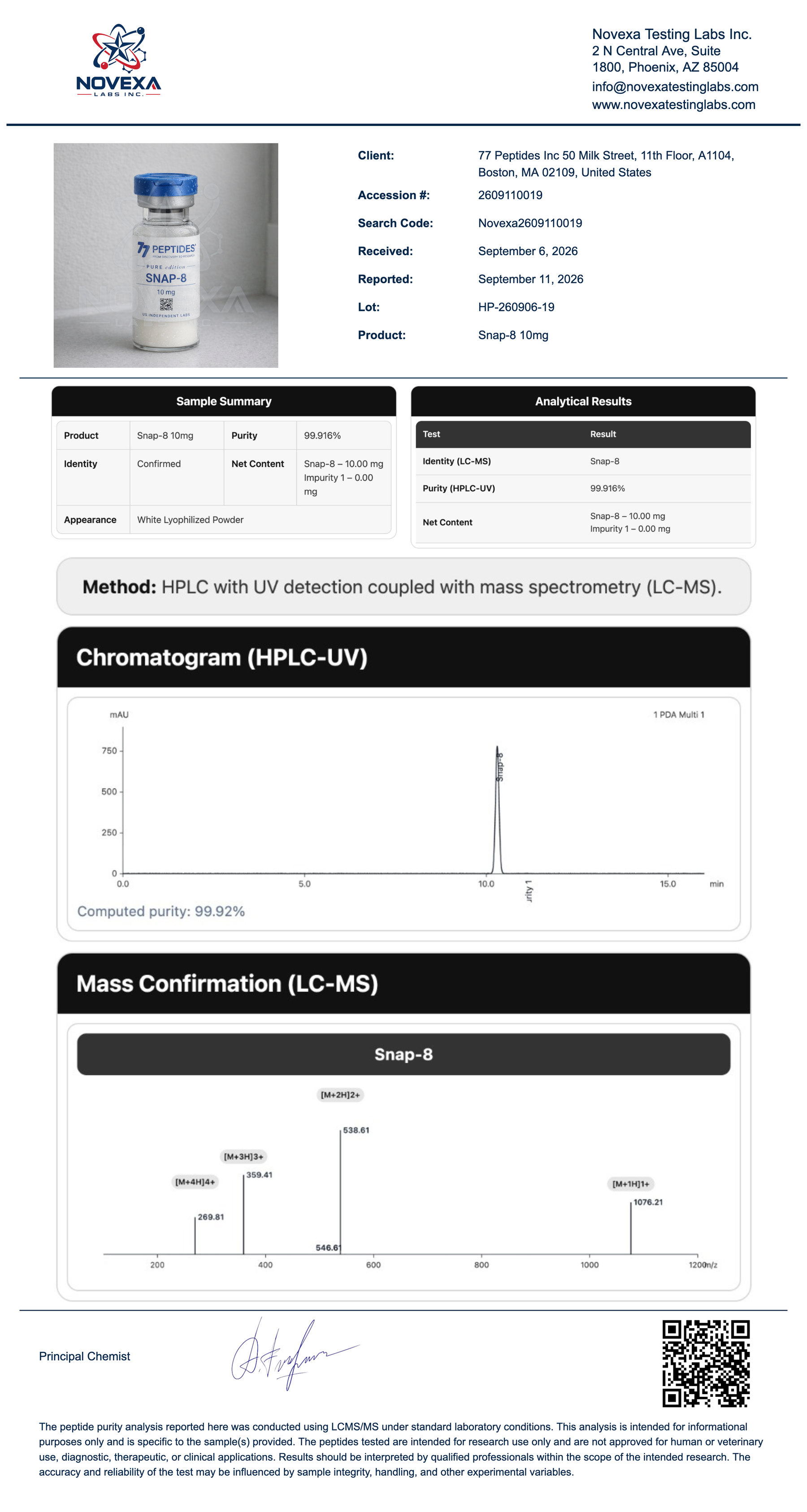 Snap-8 10 mg Certificate of Analysis — Novexa Testing Labs report