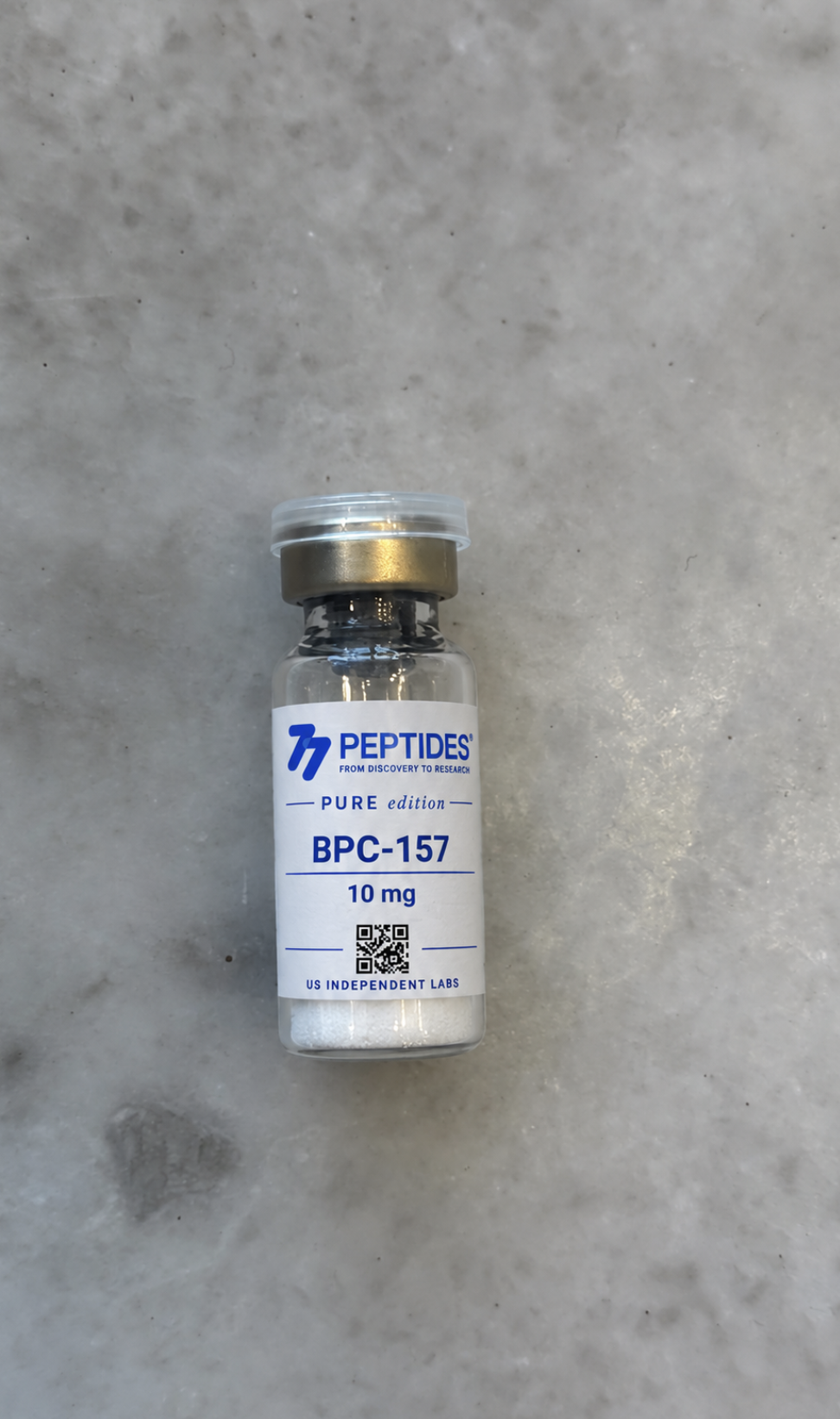 BPC-157 10 mg vial on a marble surface