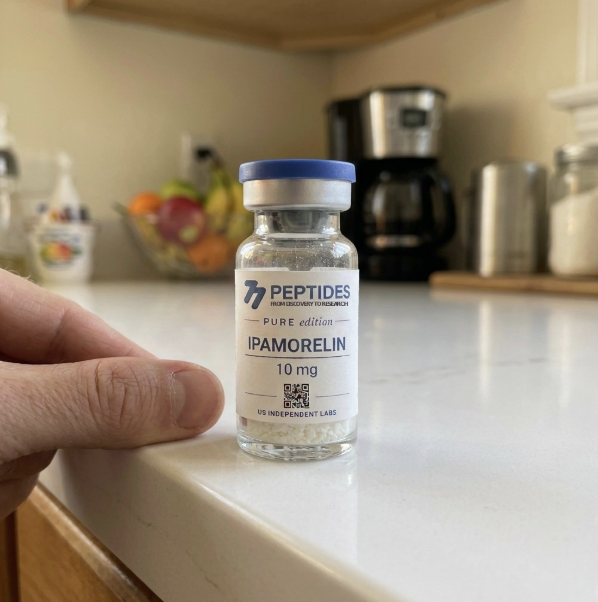 Ipamorelin 10 mg vial on a kitchen counter