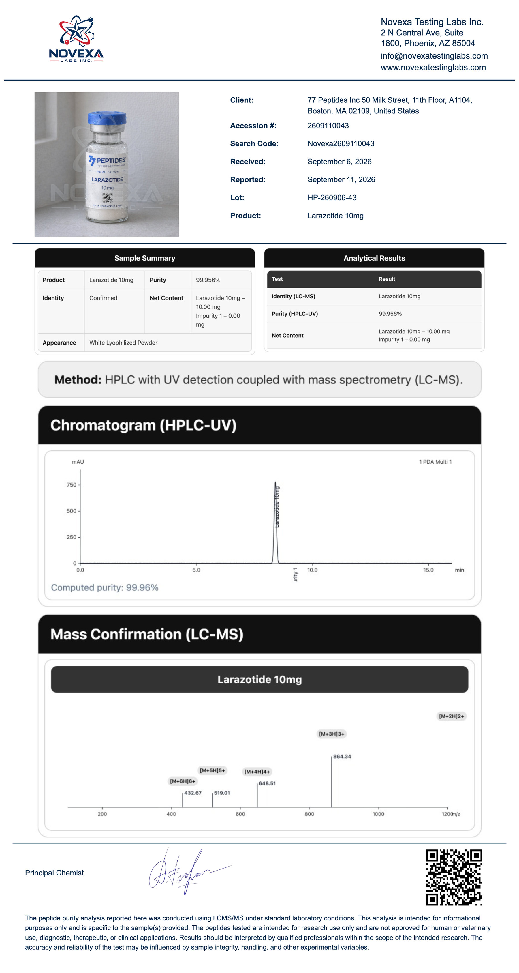 Larazotide 10 mg Certificate of Analysis — Novexa Testing Labs report