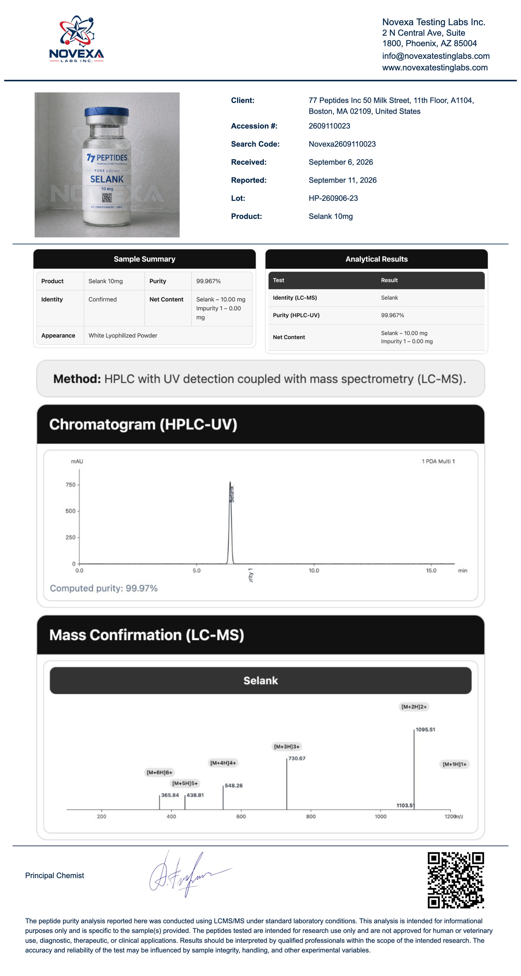Selank 10 mg Certificate of Analysis — Novexa Testing Labs report