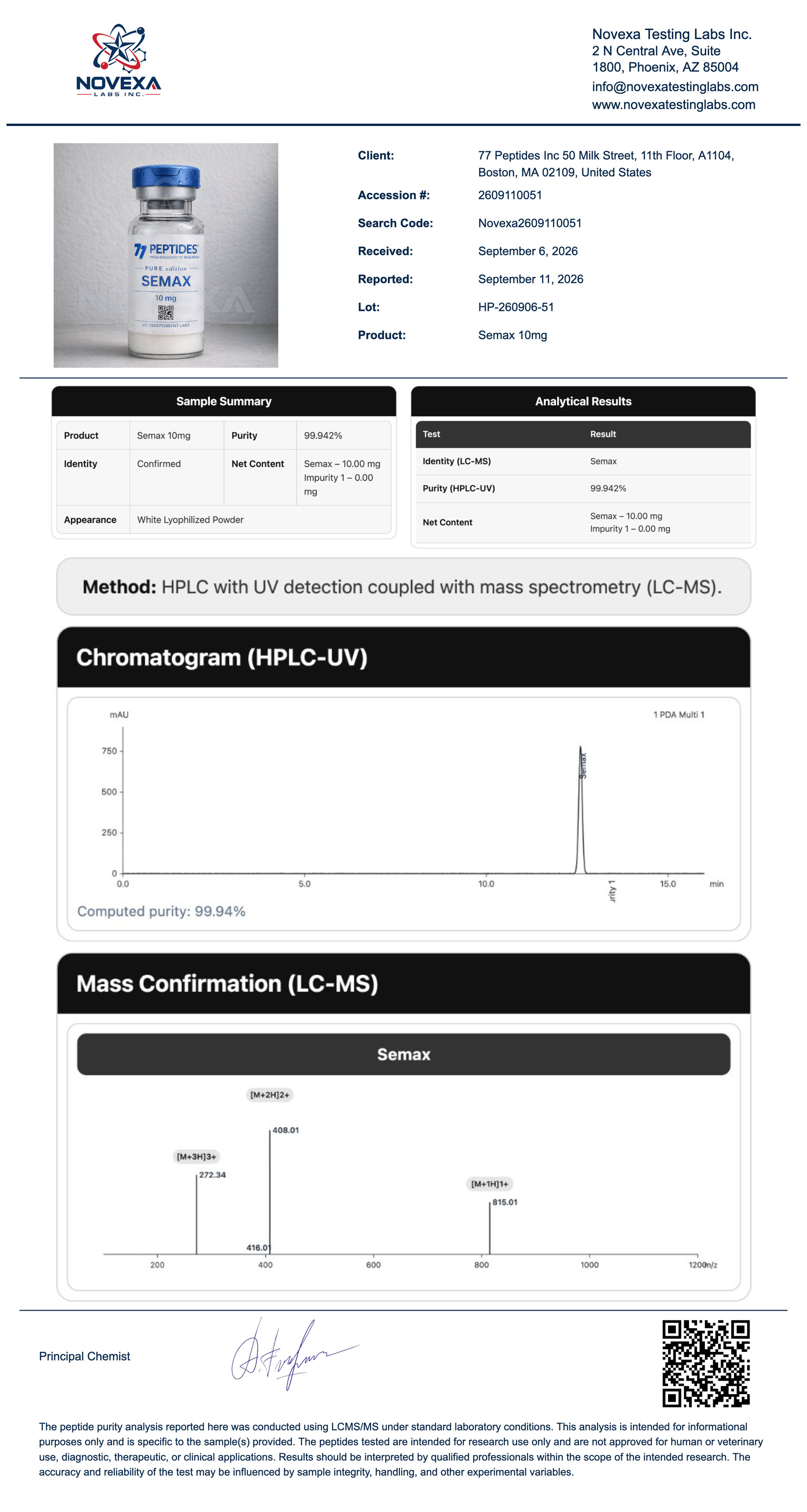 Semax 10 mg Certificate of Analysis — Novexa Testing Labs report
