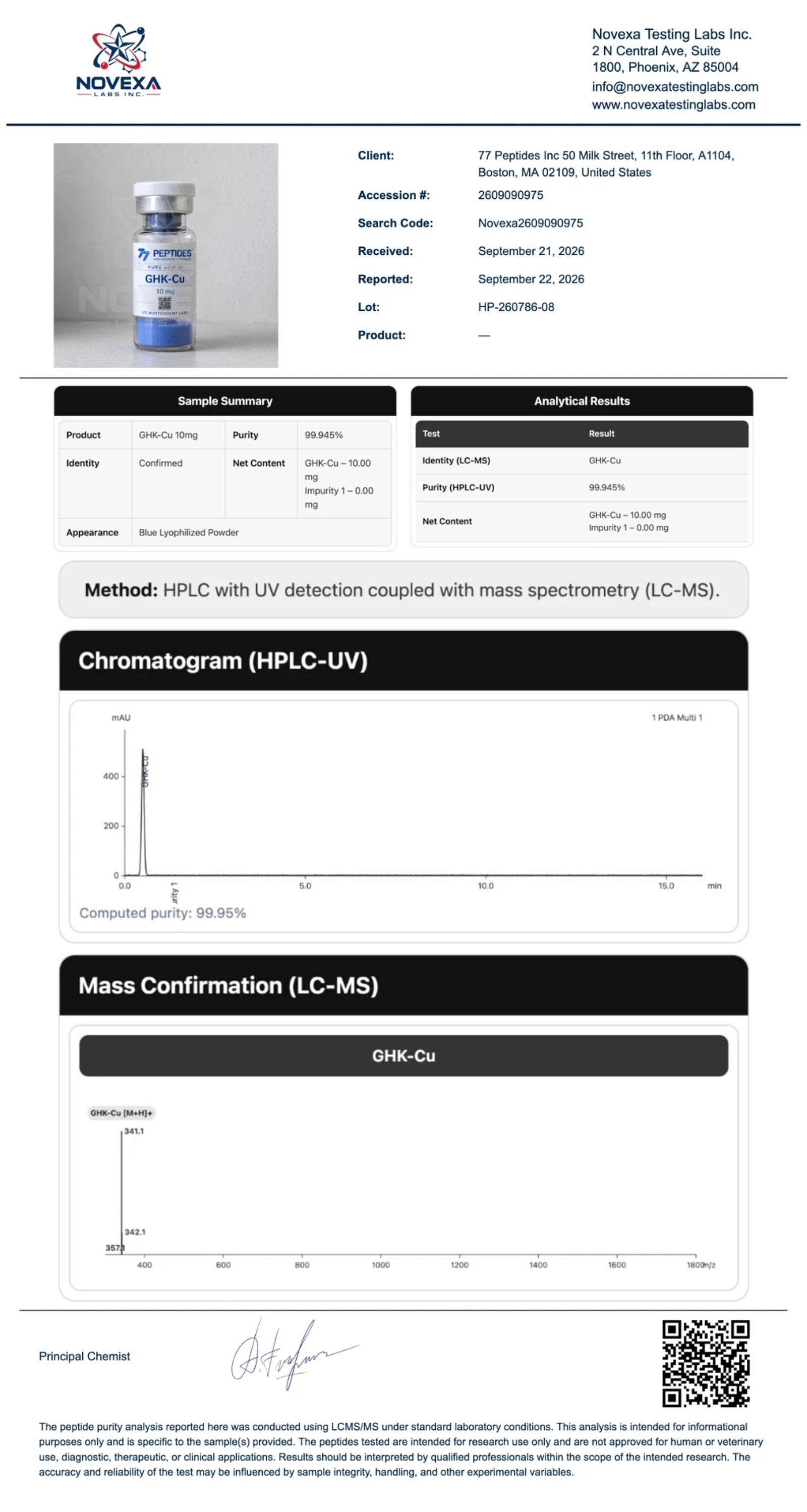 GHK-Cu 10 mg Certificate of Analysis — Novexa Testing Labs report