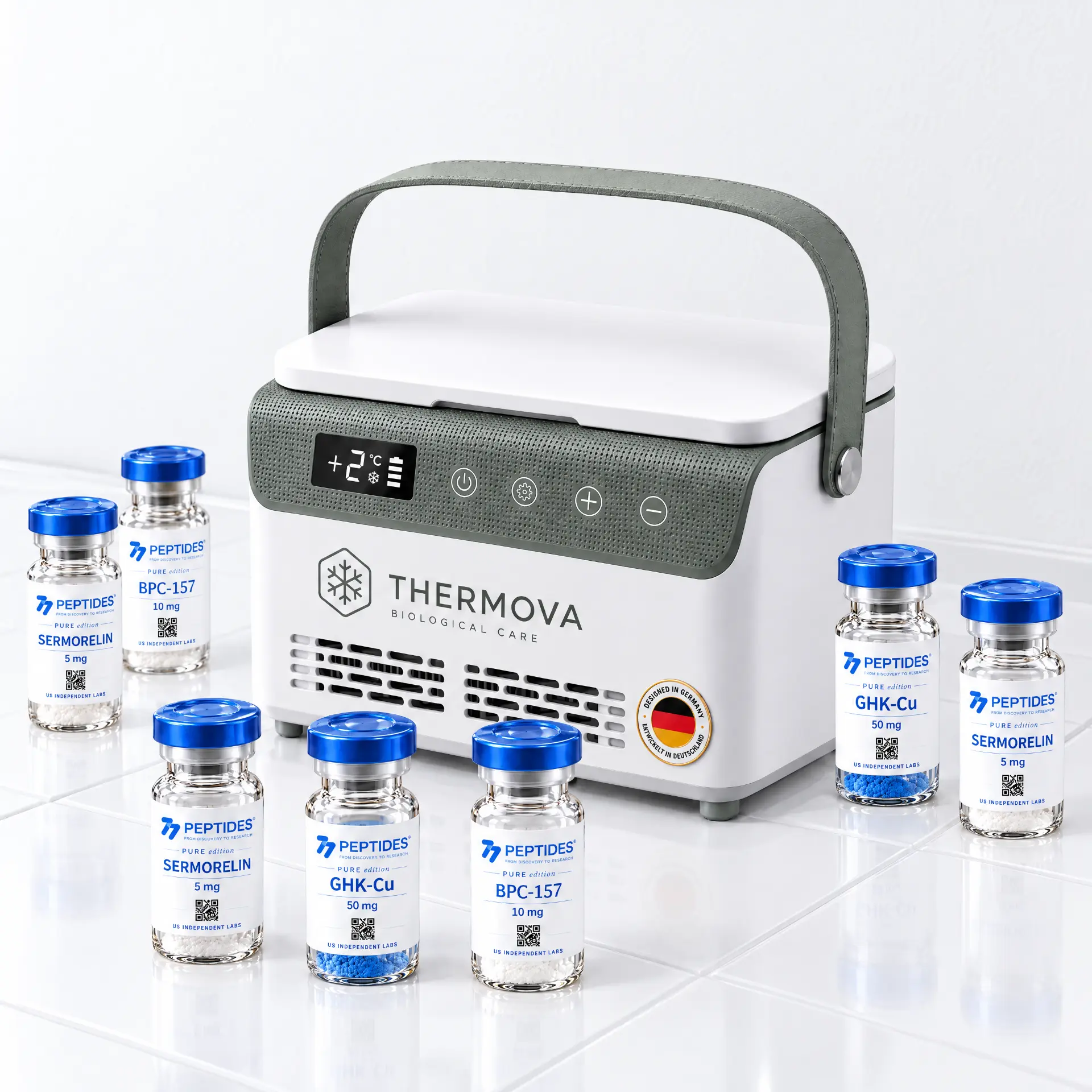 77 Peptides research vials stored beside a portable 2 to 8 degree cooler