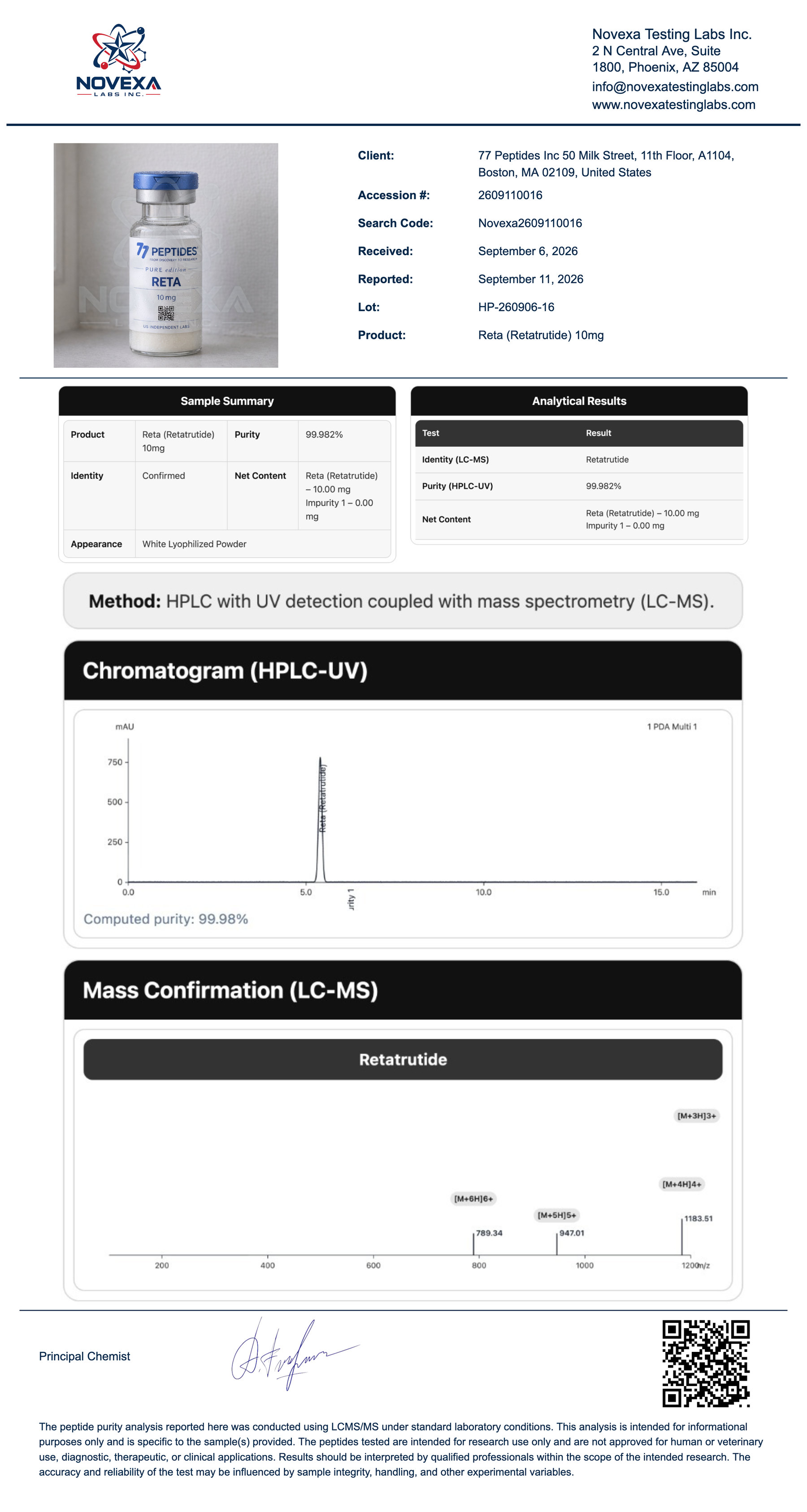 Reta 10 mg Certificate of Analysis — Novexa Testing Labs report