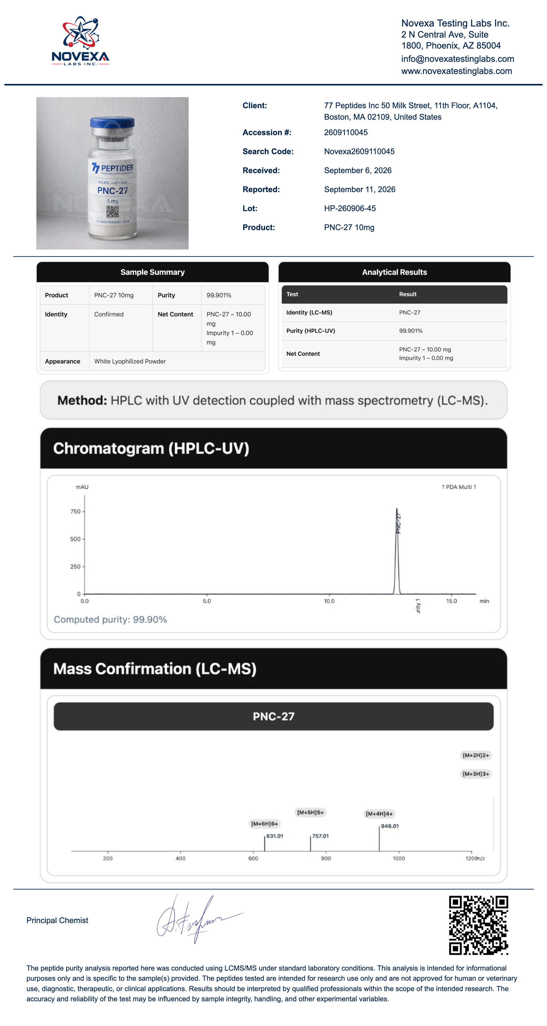 PNC-27 10 mg Certificate of Analysis — Novexa Testing Labs report