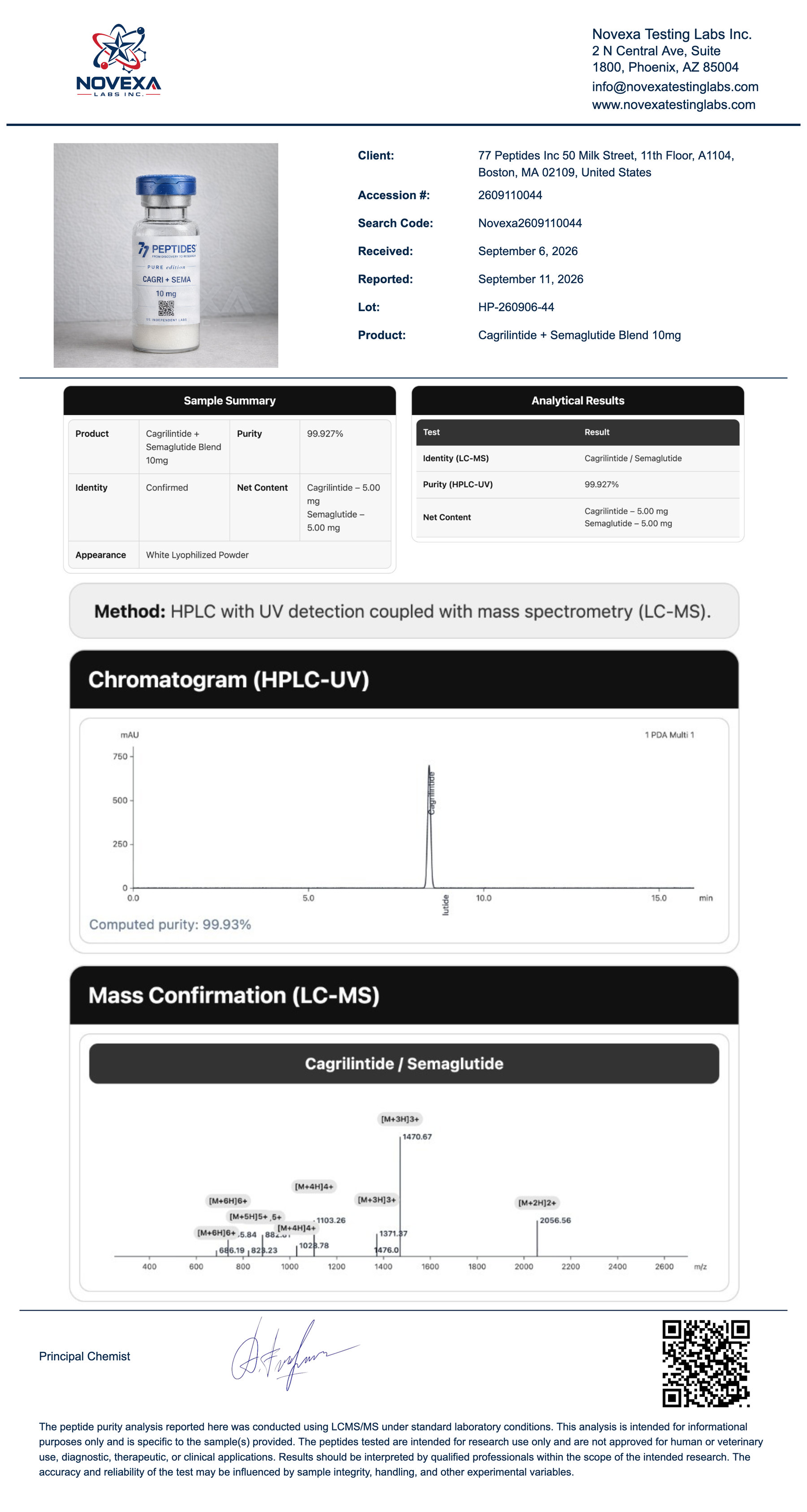 Cagrilintide + Semaglutide Blend 10 mg Certificate of Analysis — Novexa Testing Labs report