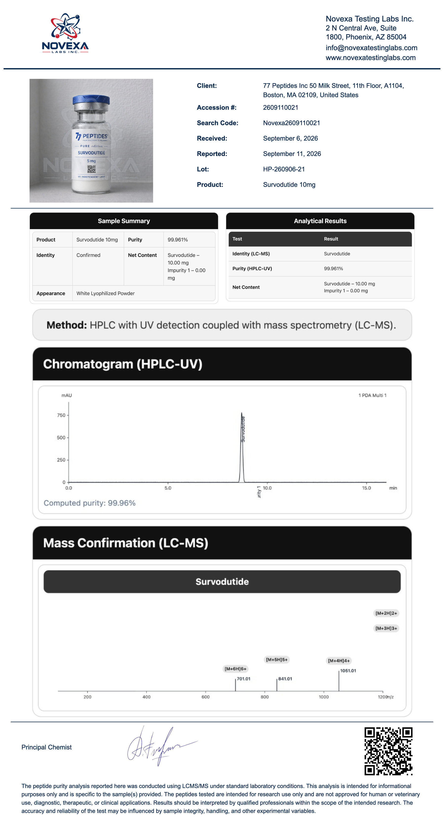 Survodutide 10 mg Certificate of Analysis — Novexa Testing Labs report