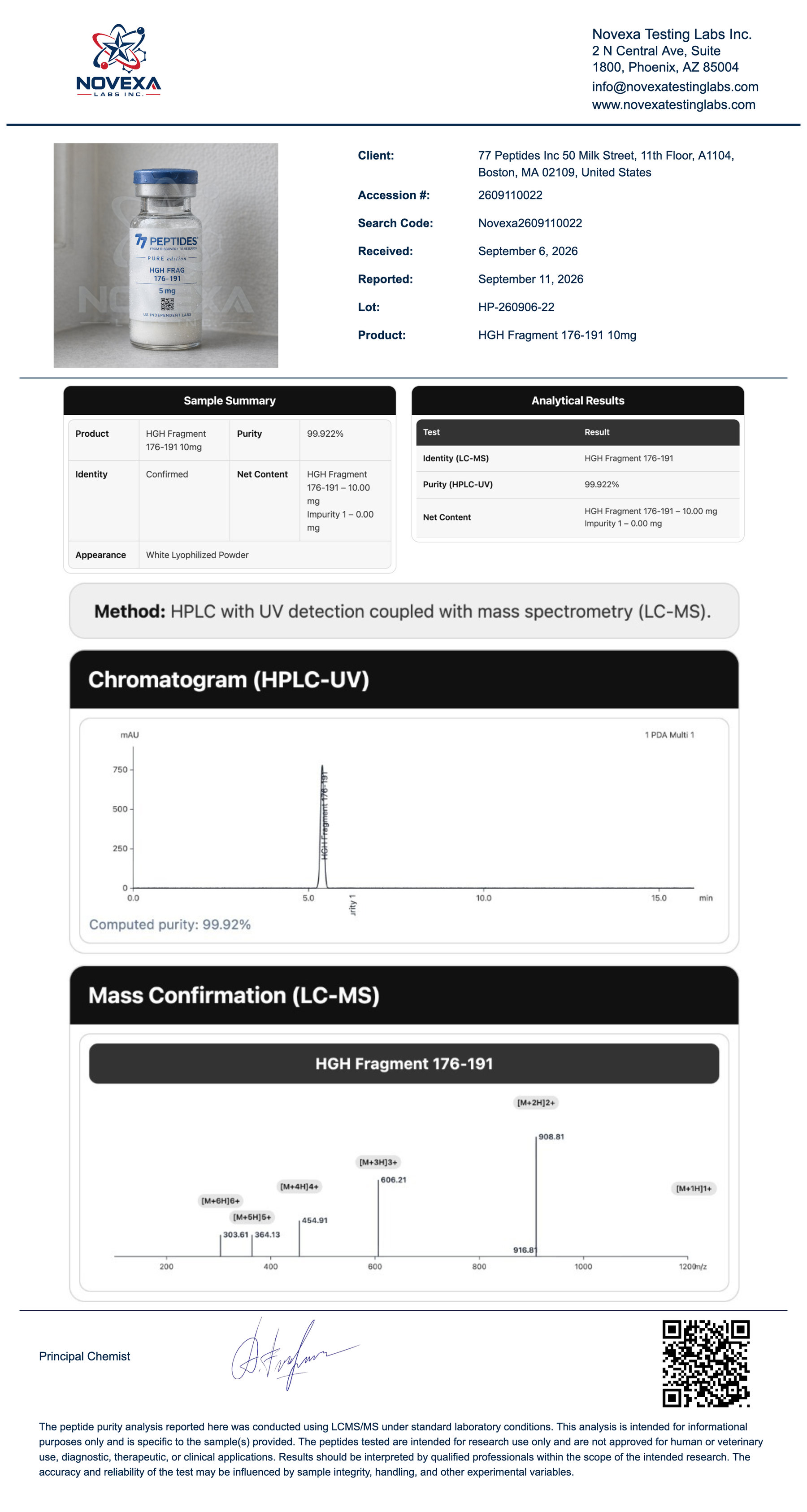 HGH Fragment 176-191 10 mg Certificate of Analysis — Novexa Testing Labs report
