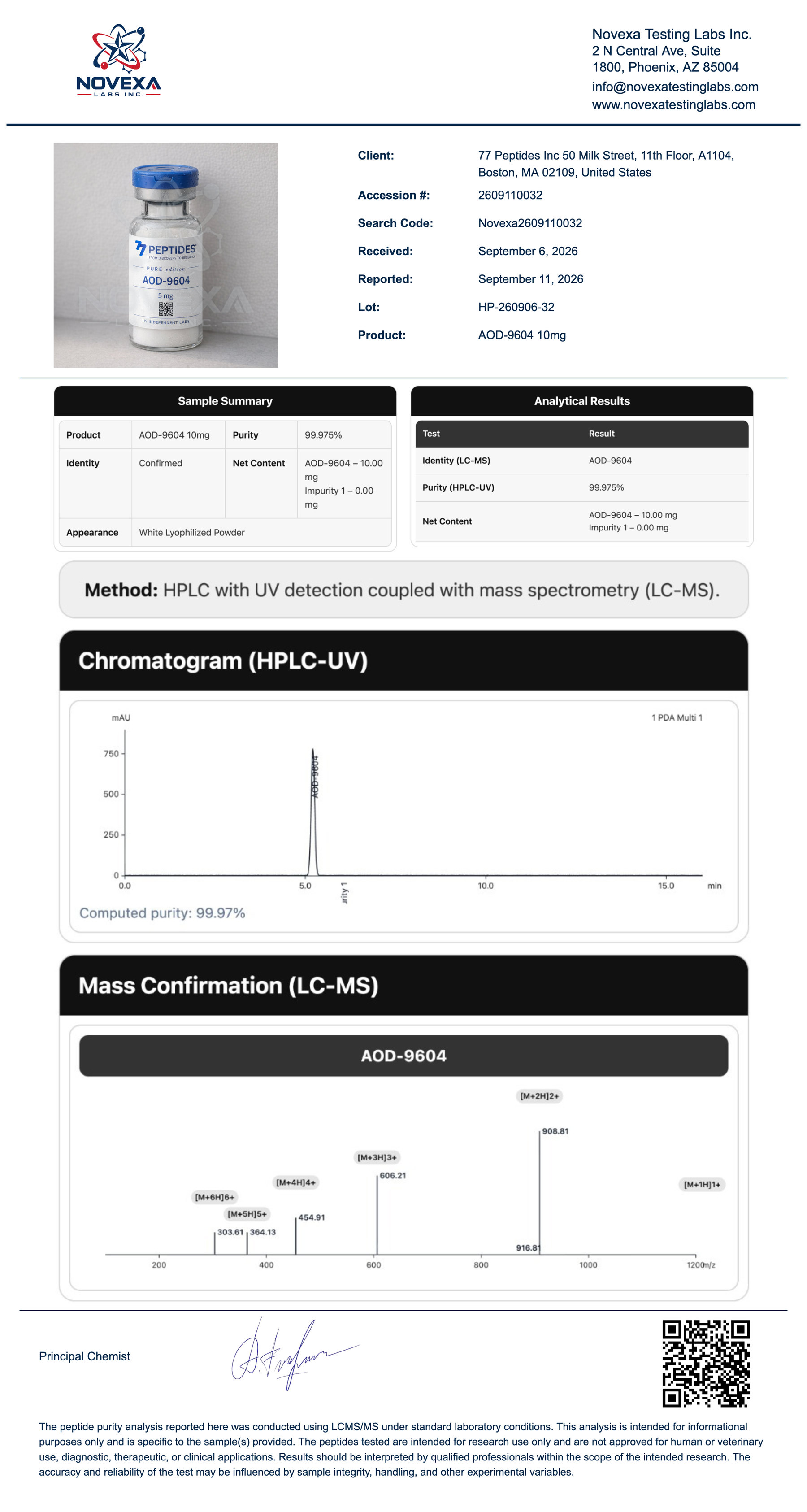 AOD-9604 10 mg Certificate of Analysis — Novexa Testing Labs report