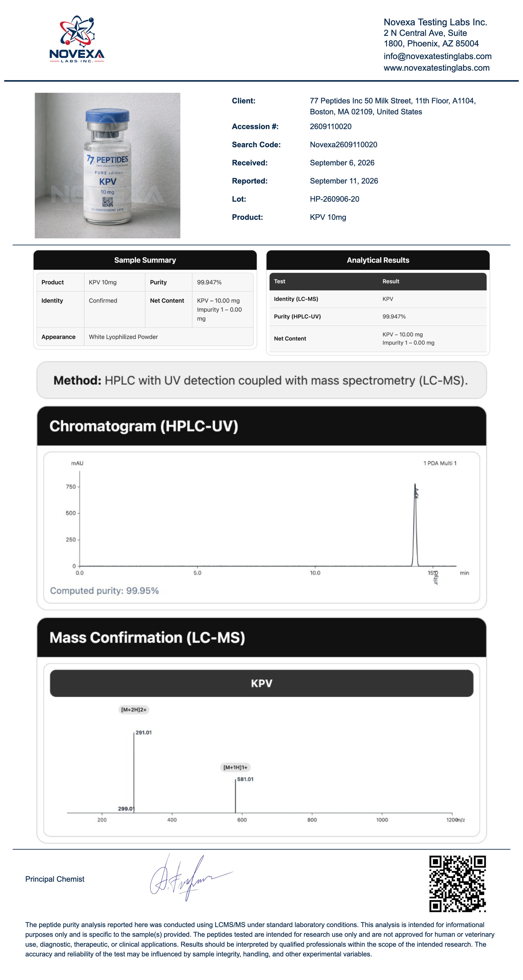 KPV 10 mg Certificate of Analysis — Novexa Testing Labs report