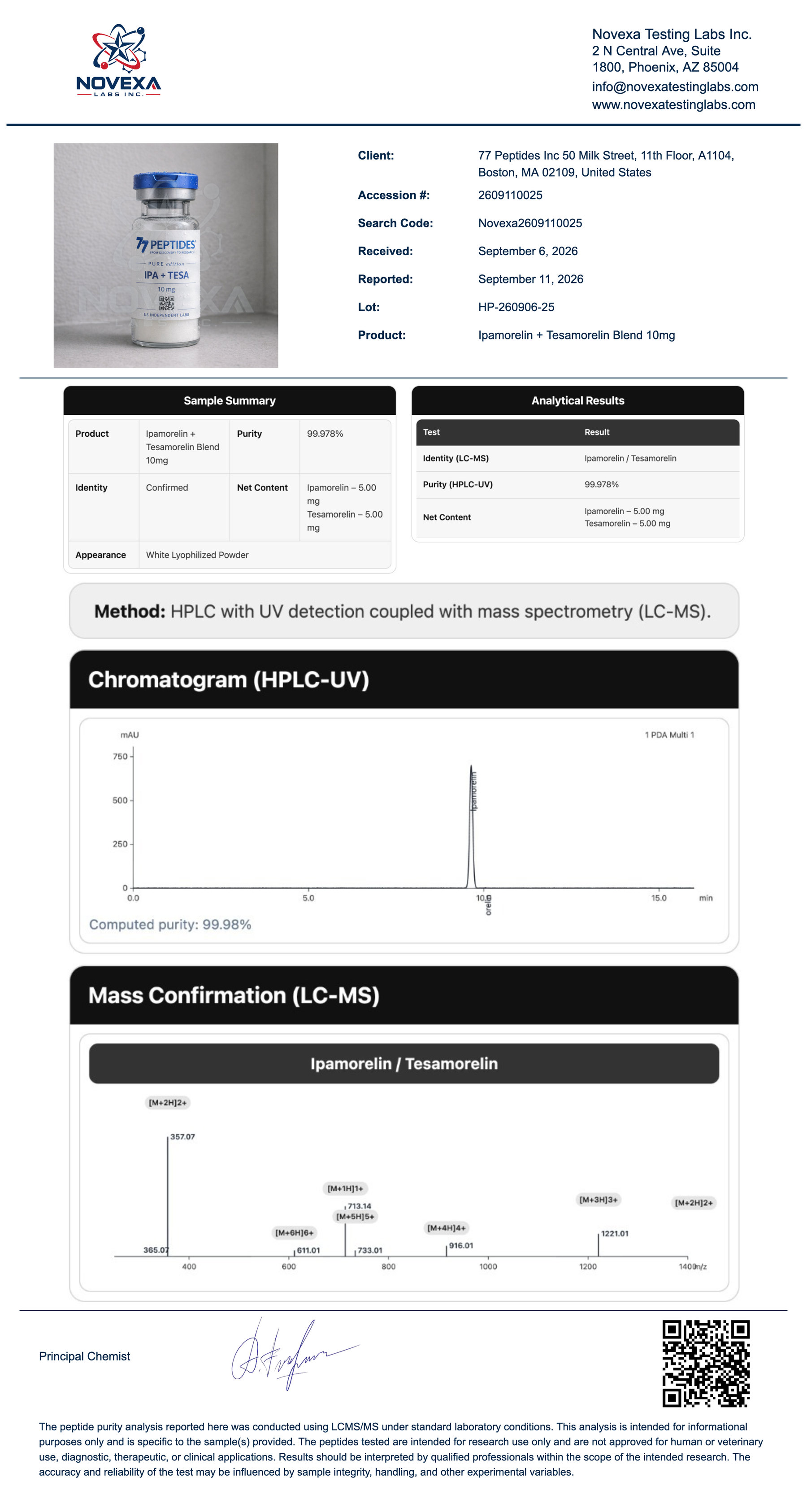 Ipamorelin + Tesamorelin Blend 10 mg Certificate of Analysis — Novexa Testing Labs report