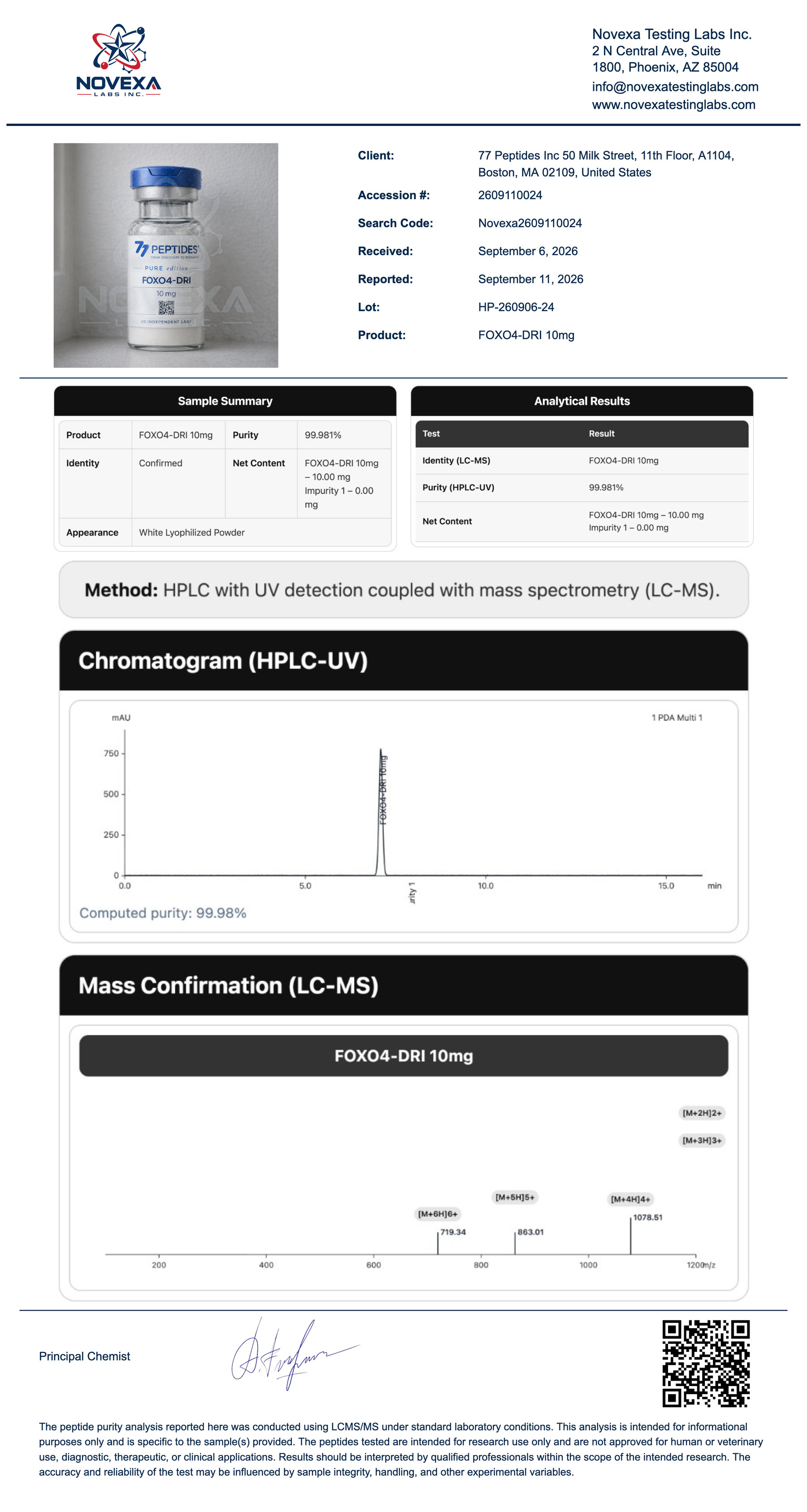 FOXO4-DRI 10 mg Certificate of Analysis — Novexa Testing Labs report