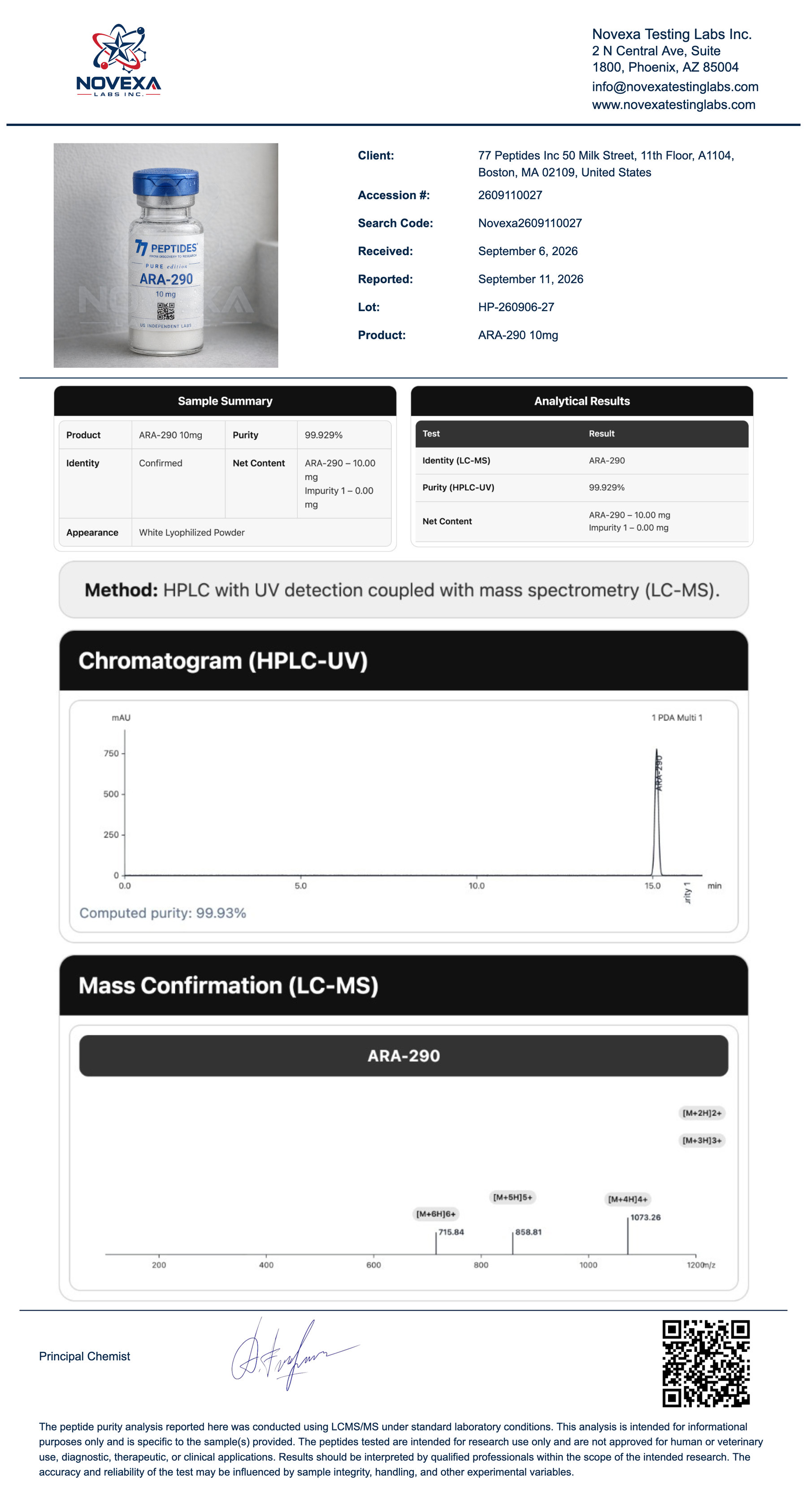 ARA-290 10 mg Certificate of Analysis — Novexa Testing Labs report