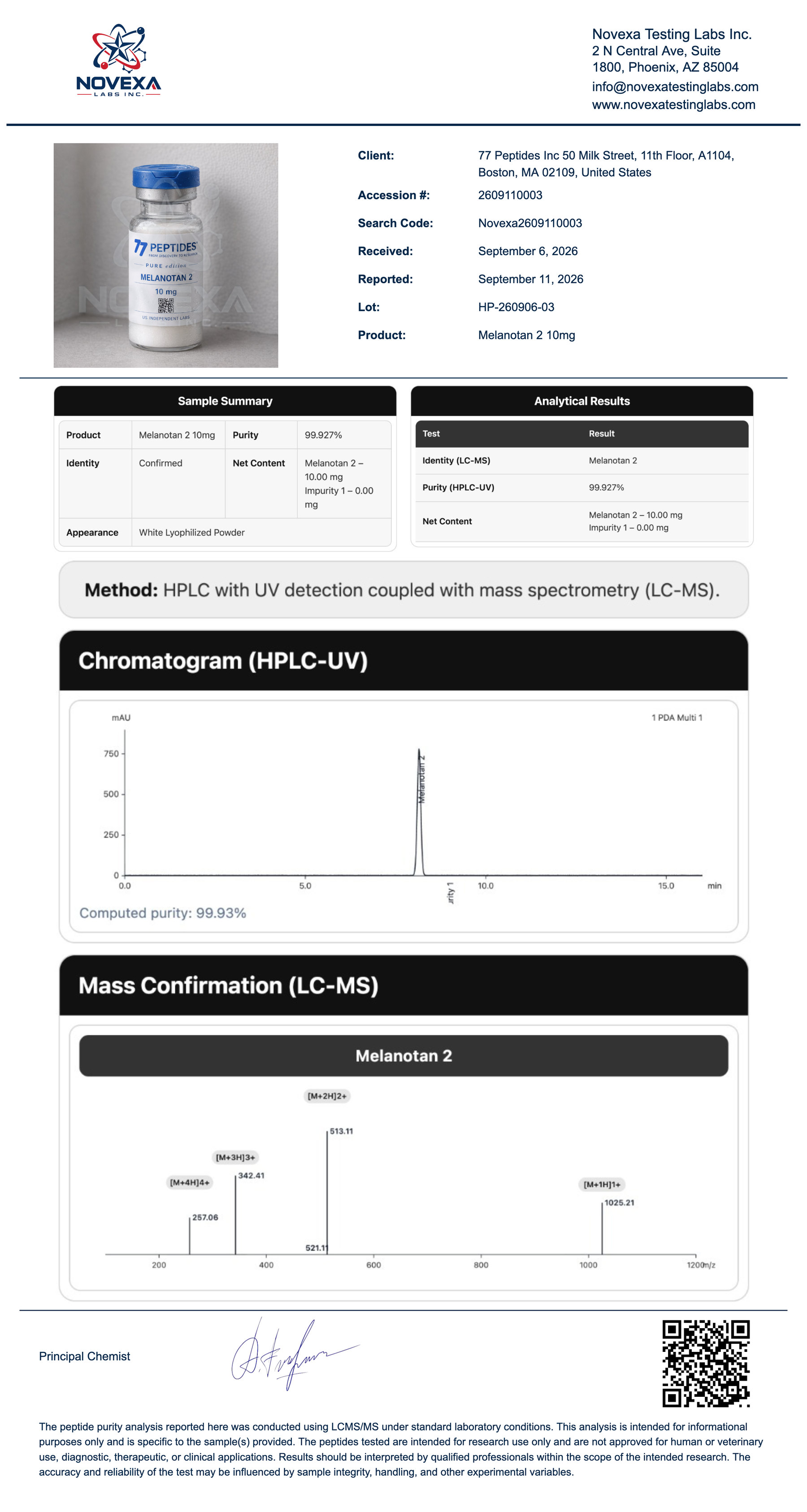 Melanotan 2 10 mg Certificate of Analysis — Novexa Testing Labs report