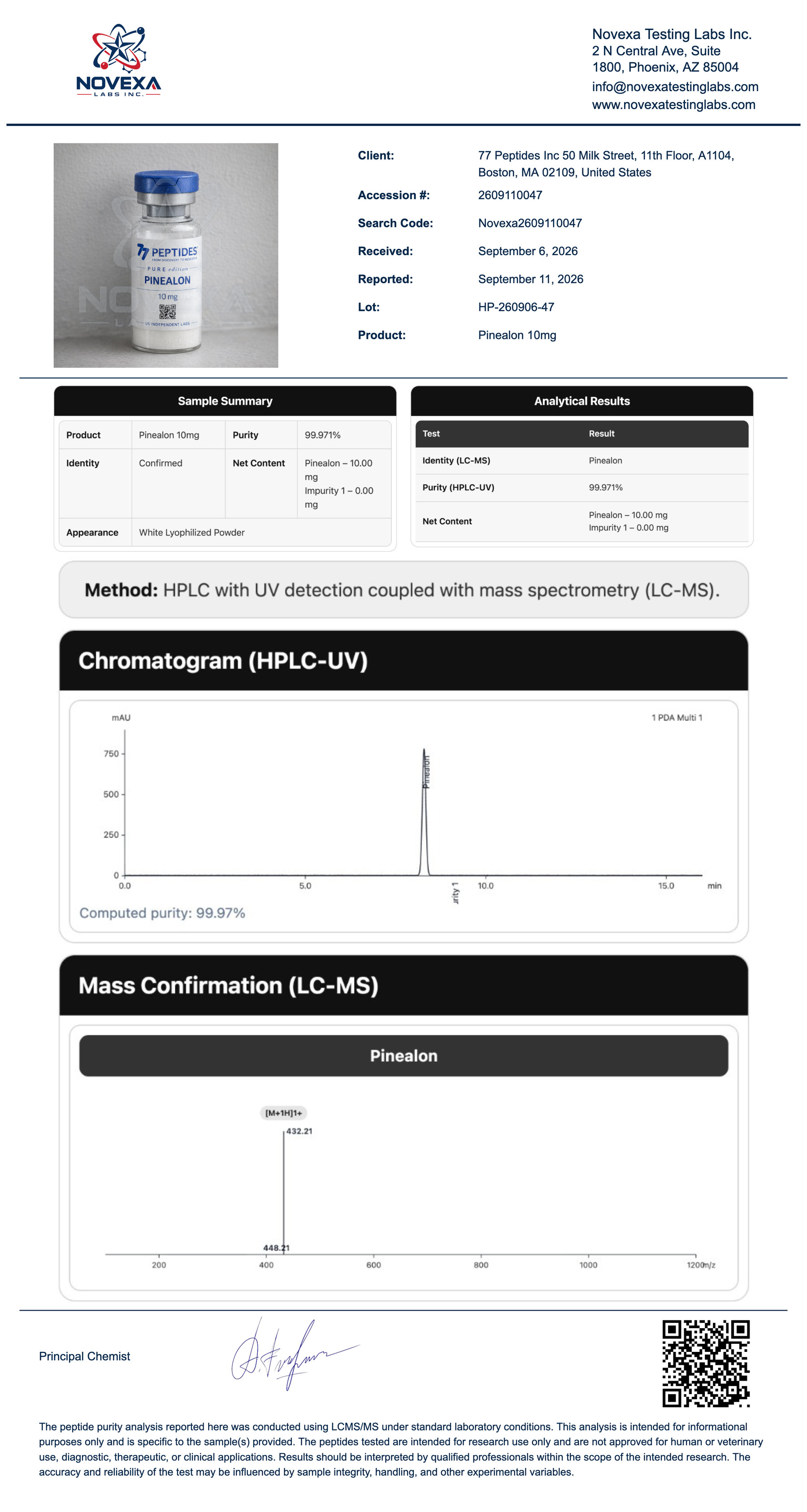 Pinealon 10 mg Certificate of Analysis — Novexa Testing Labs report