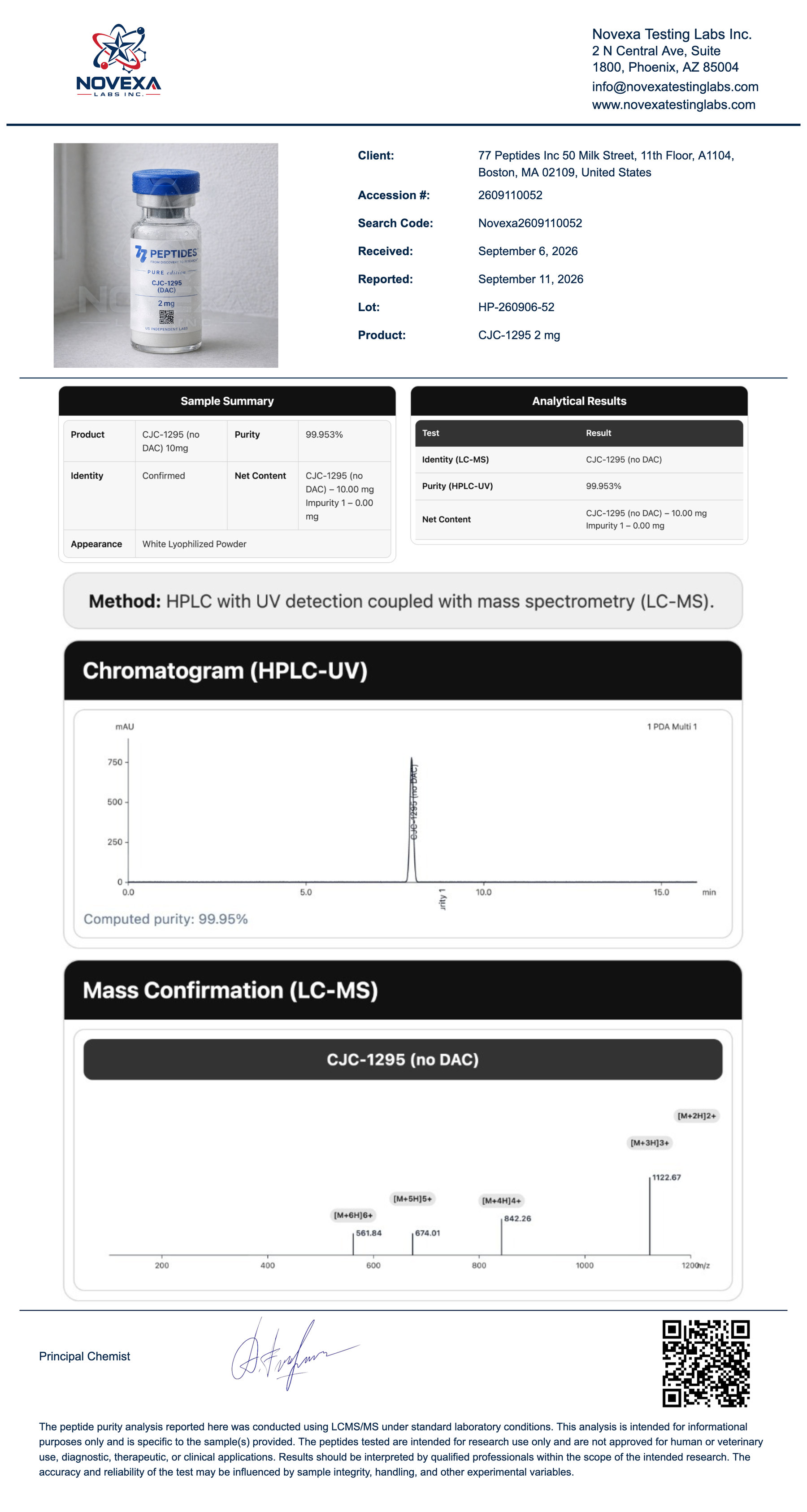 CJC-1295 with DAC 2 mg Certificate of Analysis — Novexa Testing Labs report