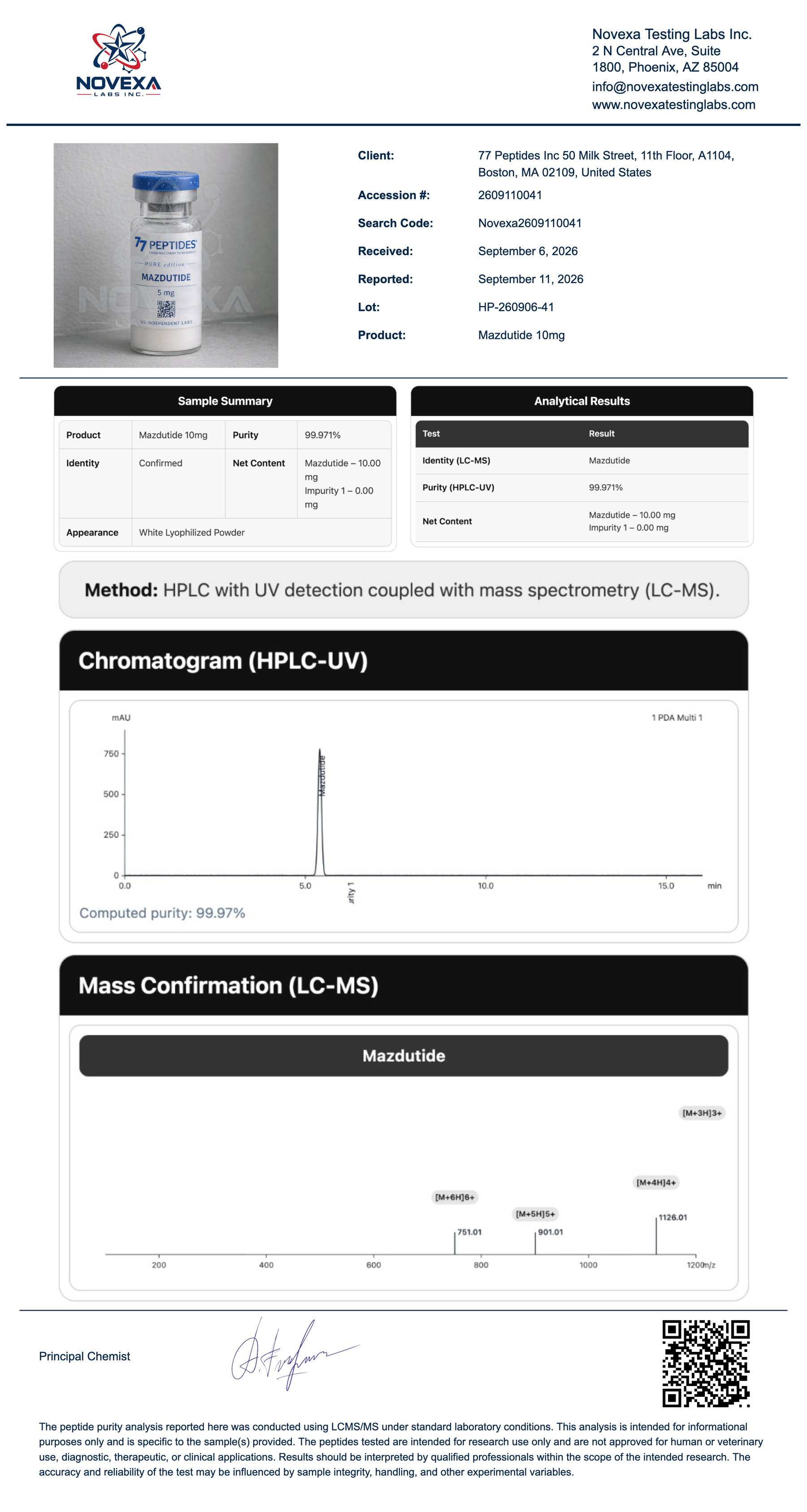 Mazdutide 10 mg Certificate of Analysis — Novexa Testing Labs report