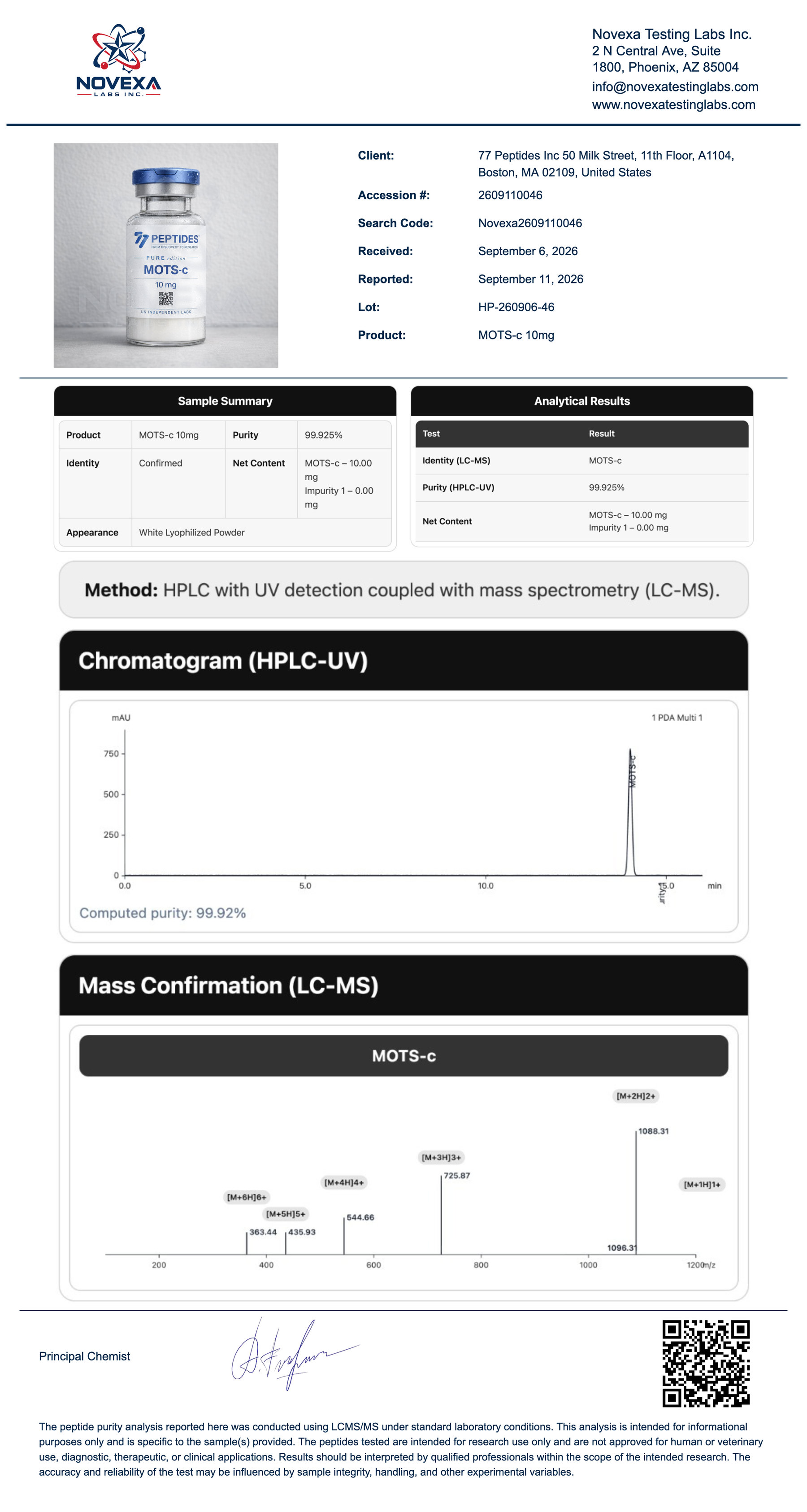 MOTS-c 10 mg Certificate of Analysis — Novexa Testing Labs report