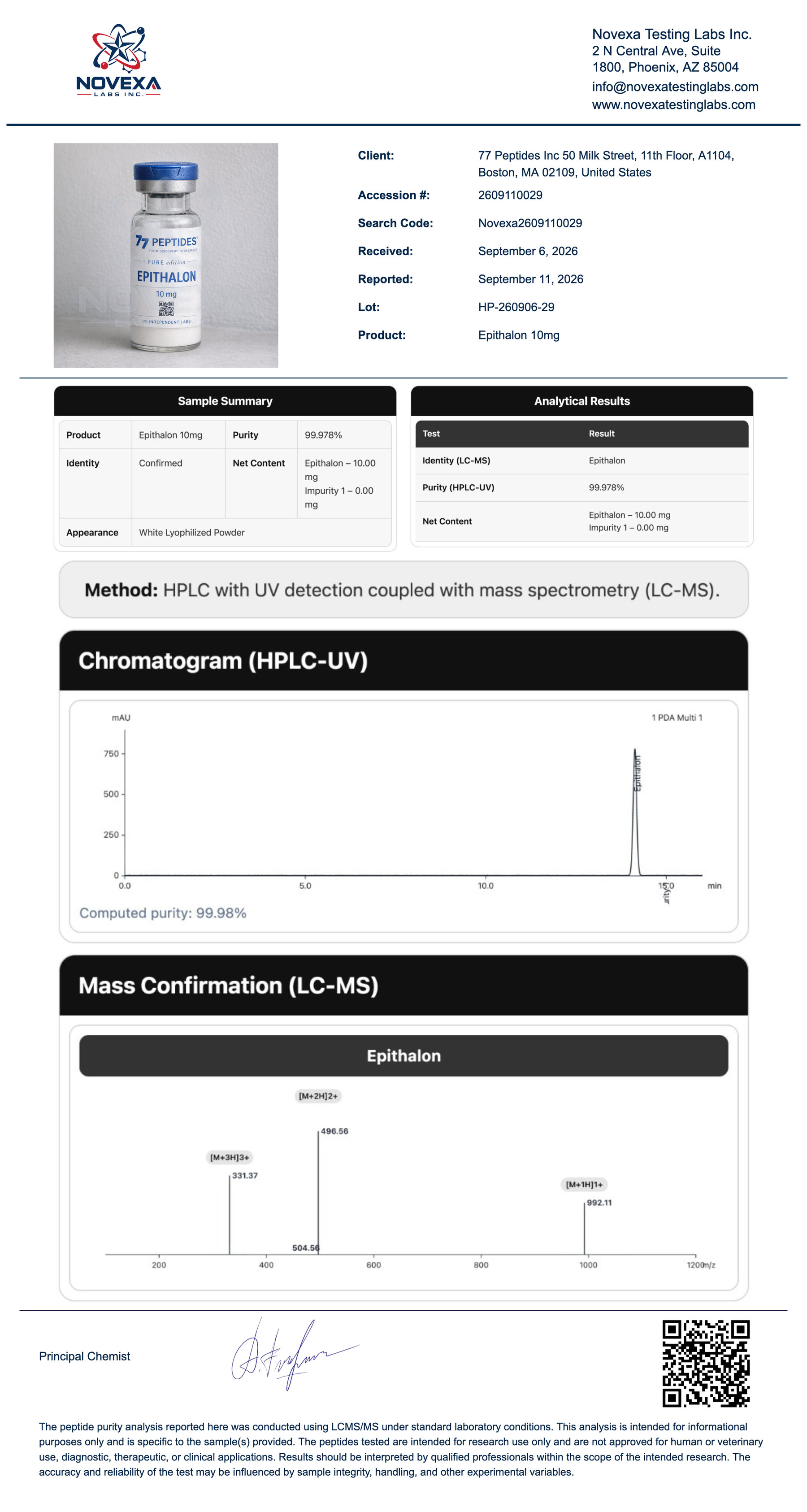 Epithalon 10 mg Certificate of Analysis — Novexa Testing Labs report