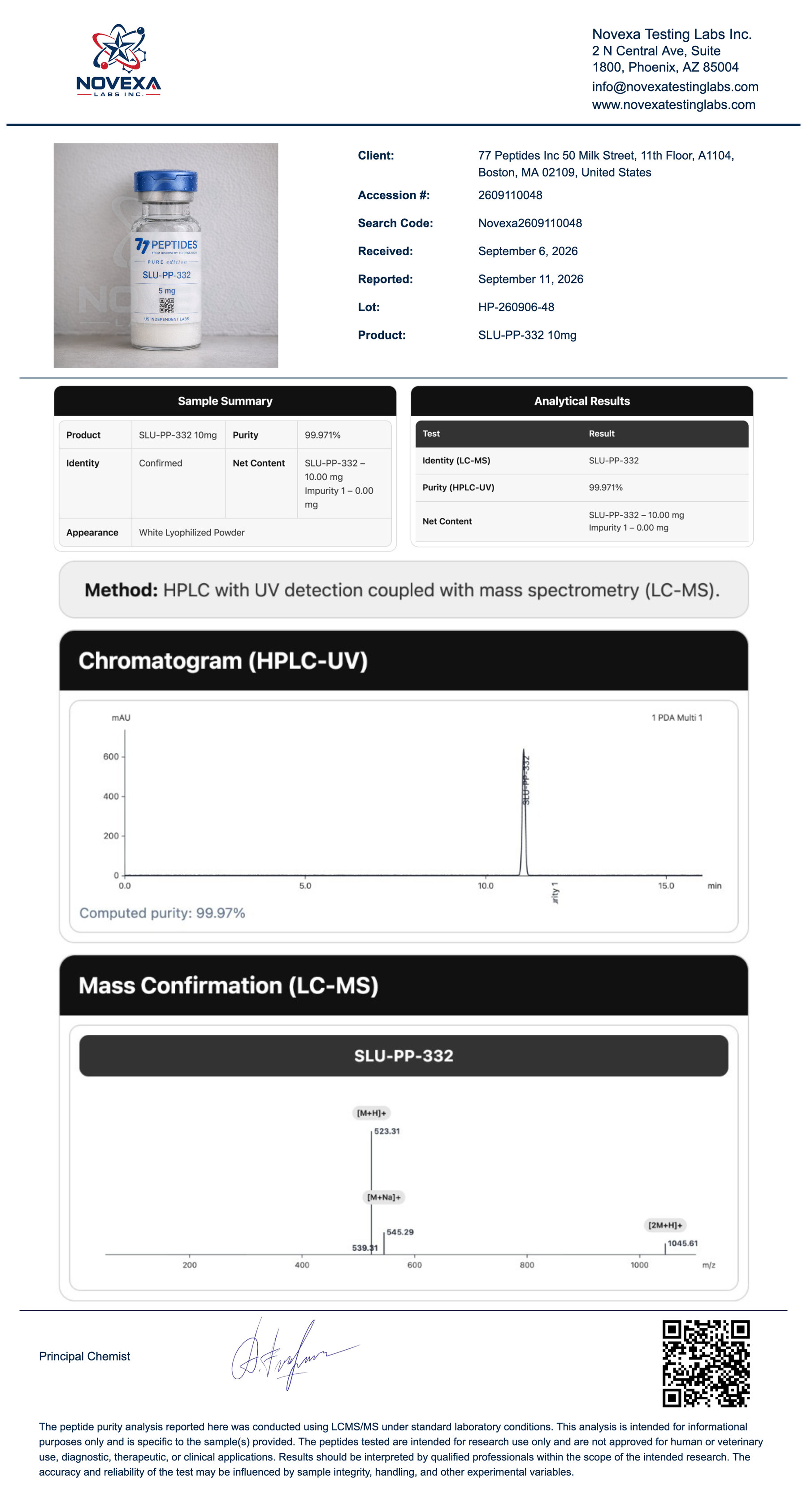 SLU-PP-332 10 mg Certificate of Analysis — Novexa Testing Labs report