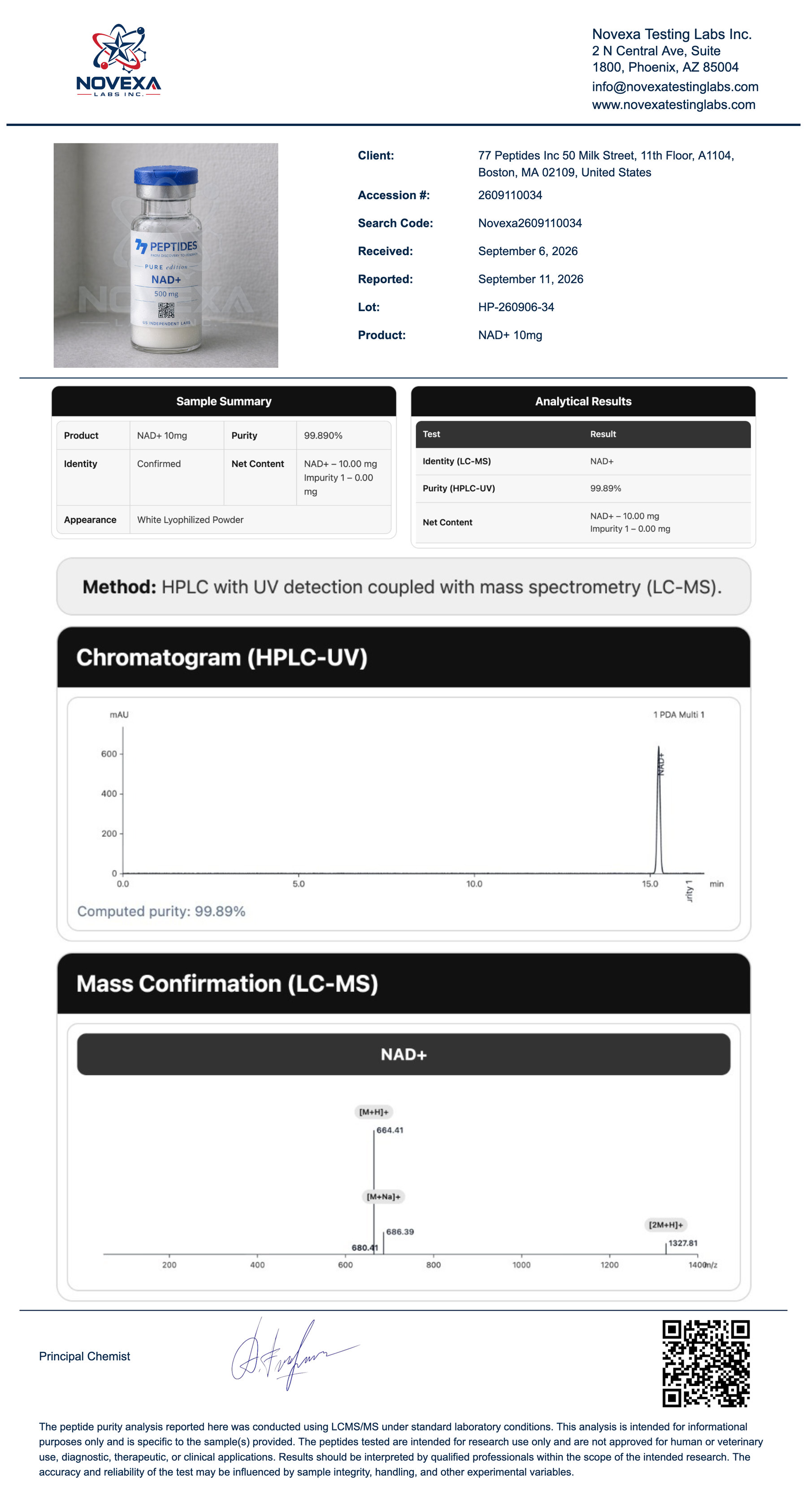 NAD+ 10 mg Certificate of Analysis — Novexa Testing Labs report