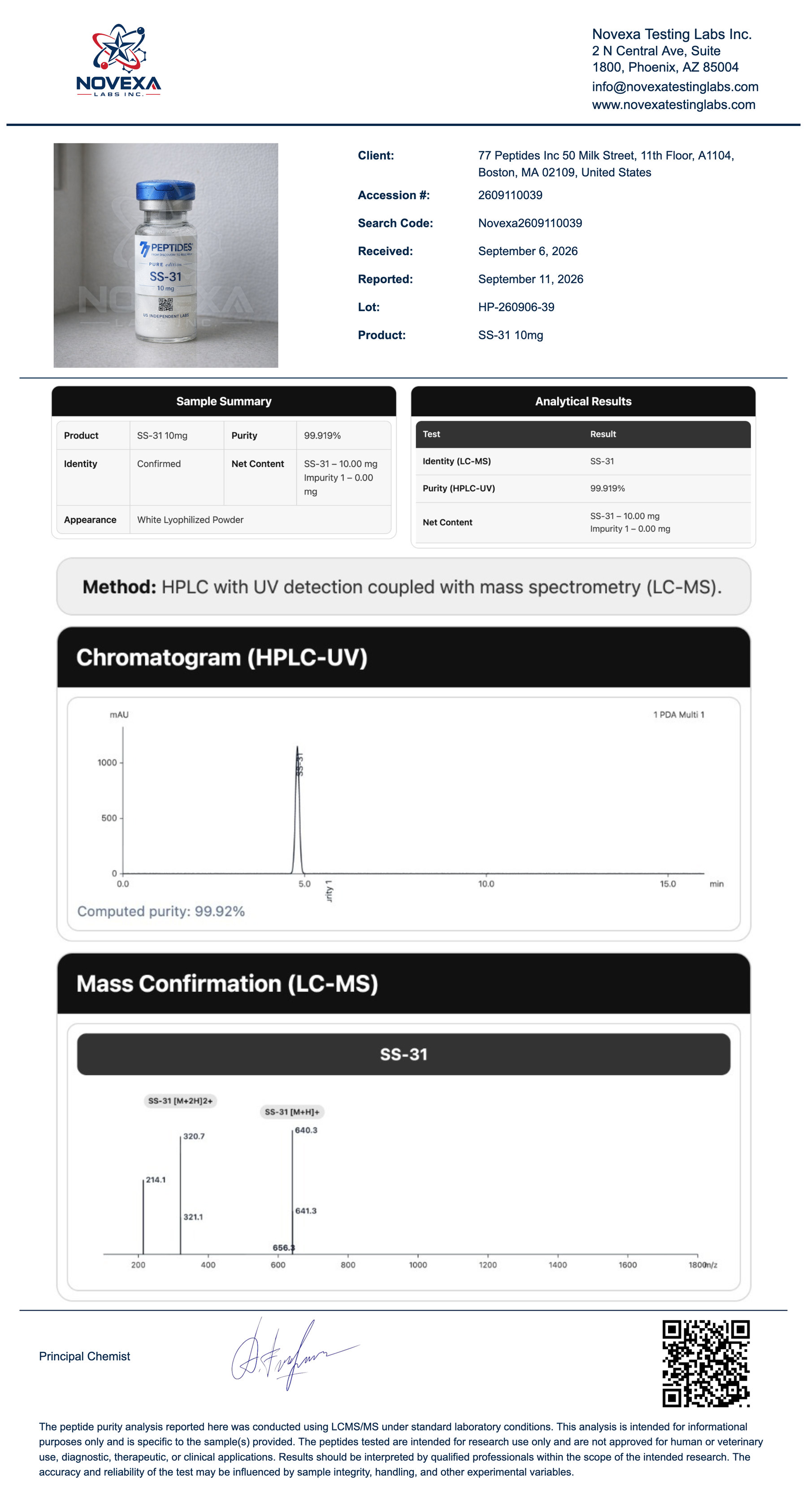 SS-31 10 mg Certificate of Analysis — Novexa Testing Labs report