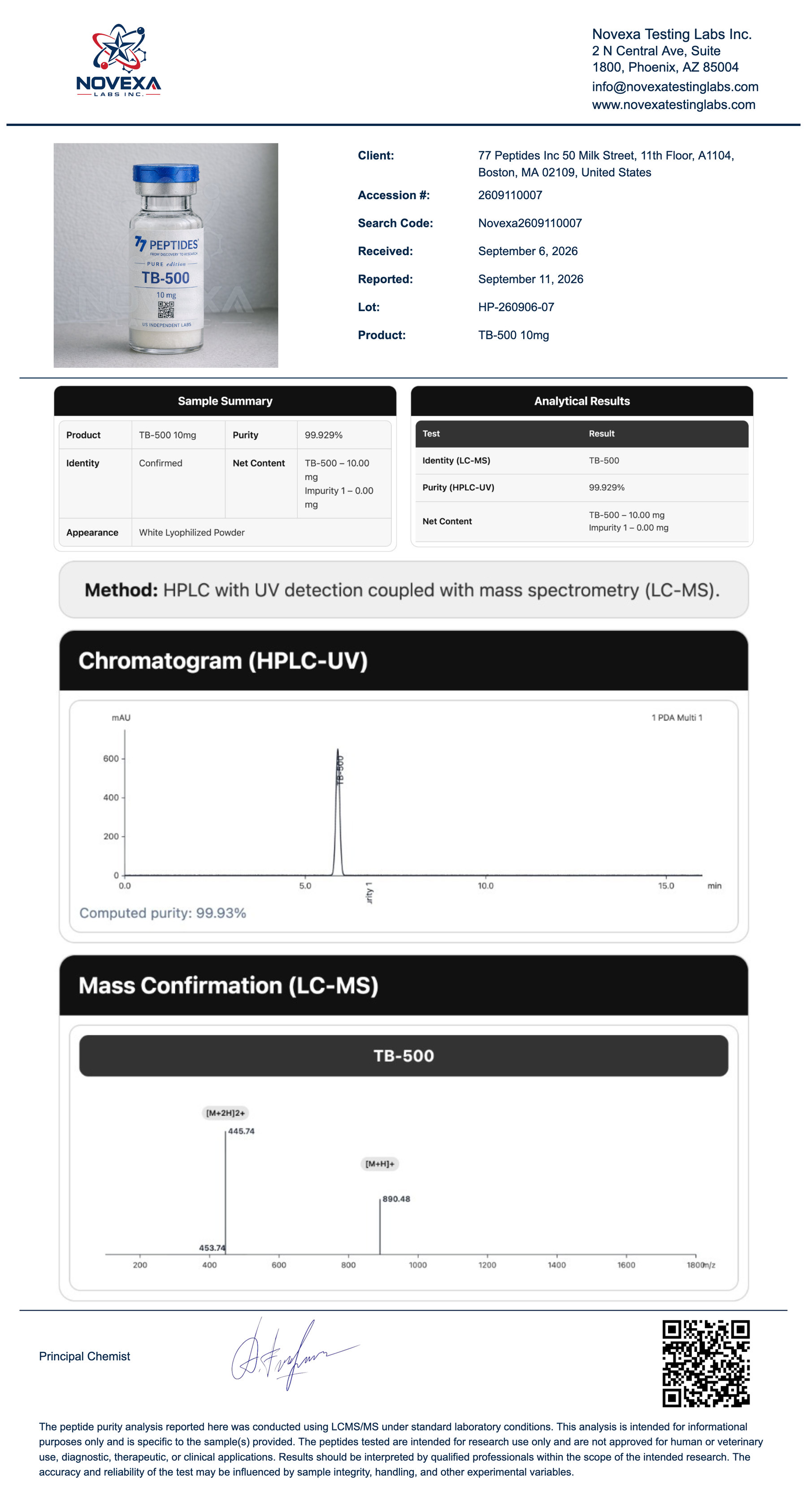 TB-500 10 mg Certificate of Analysis — Novexa Testing Labs report