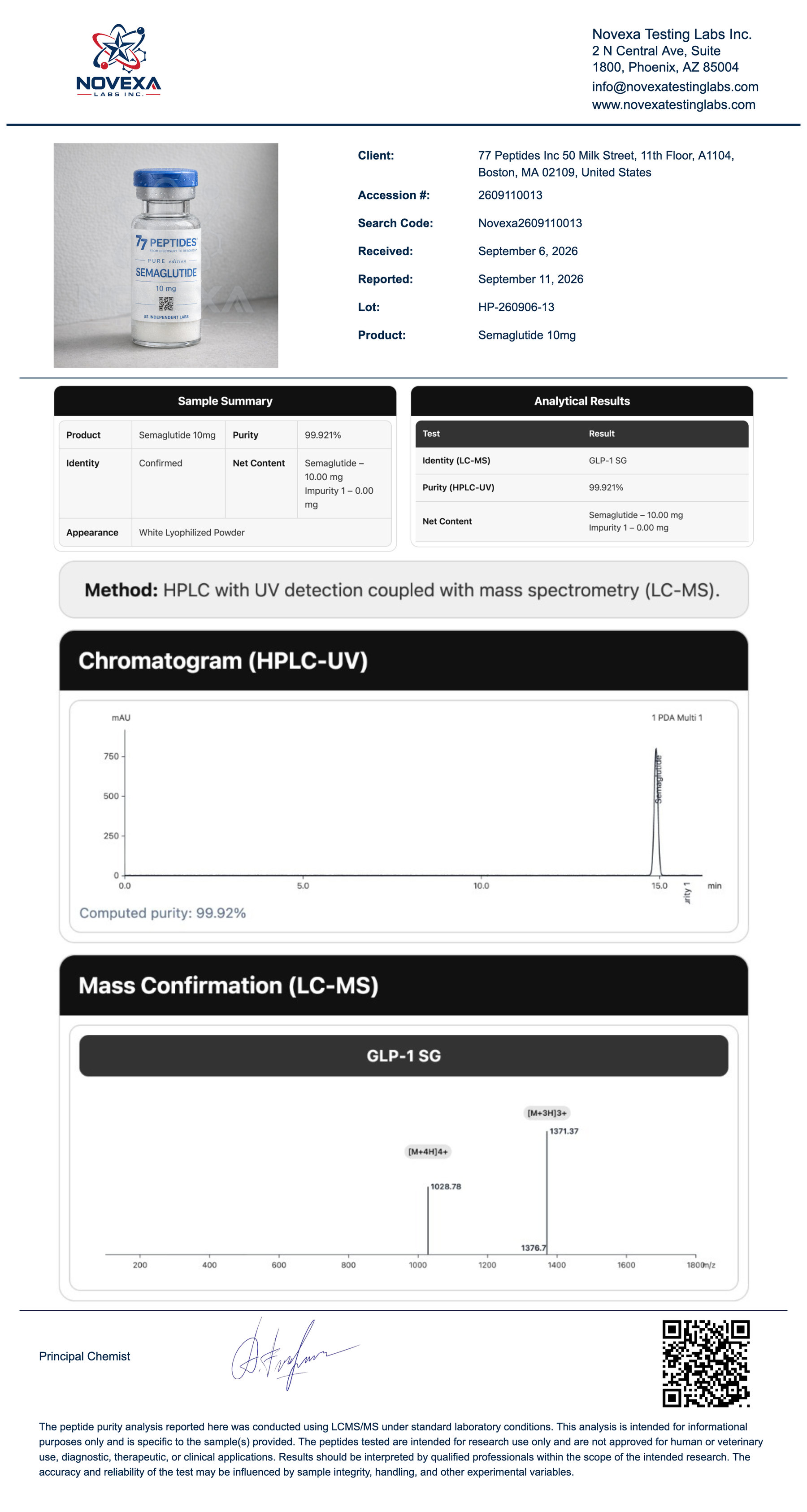 Semaglutide 10 mg Certificate of Analysis — Novexa Testing Labs report