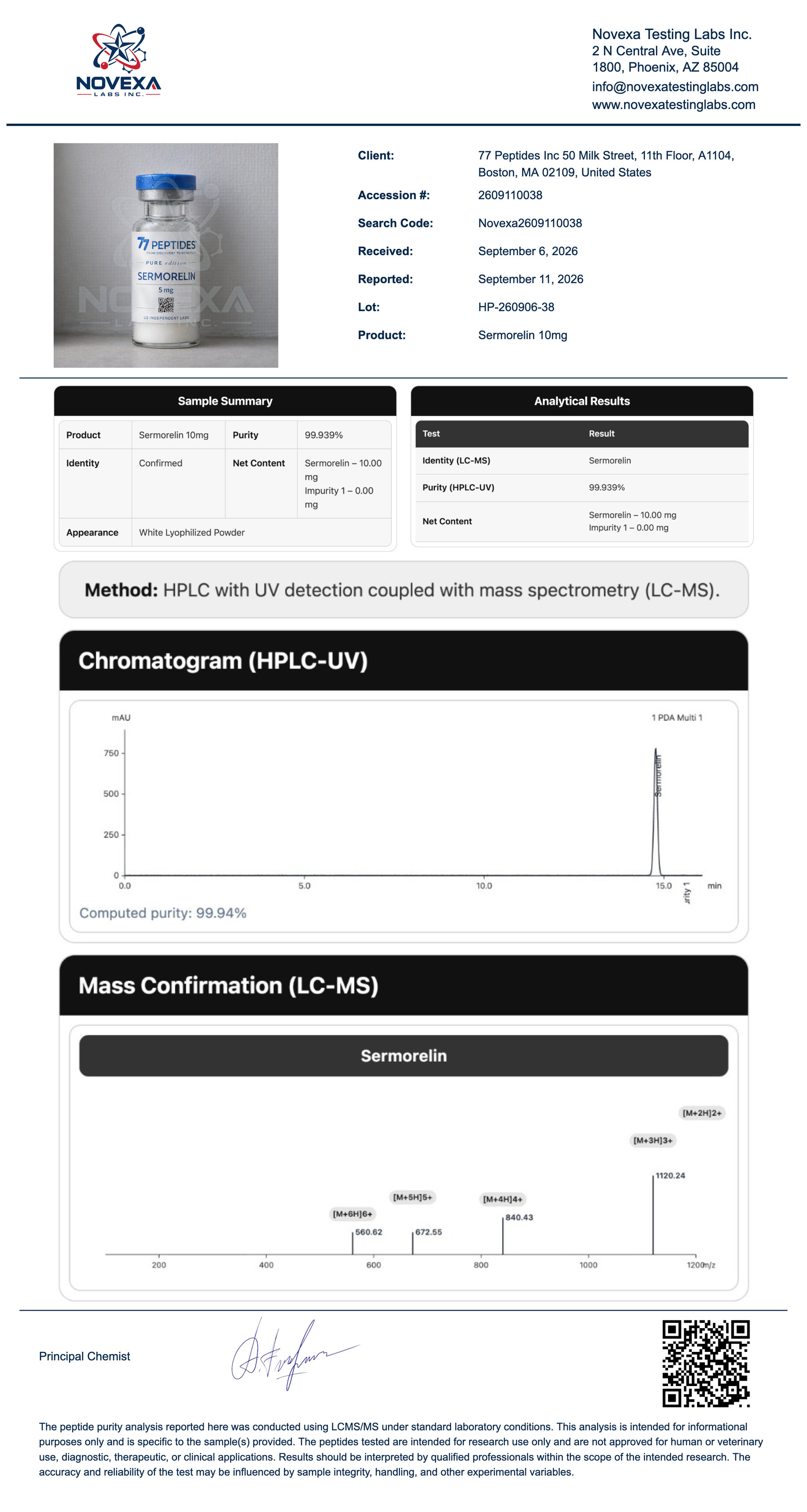 Sermorelin 10 mg Certificate of Analysis — Novexa Testing Labs report
