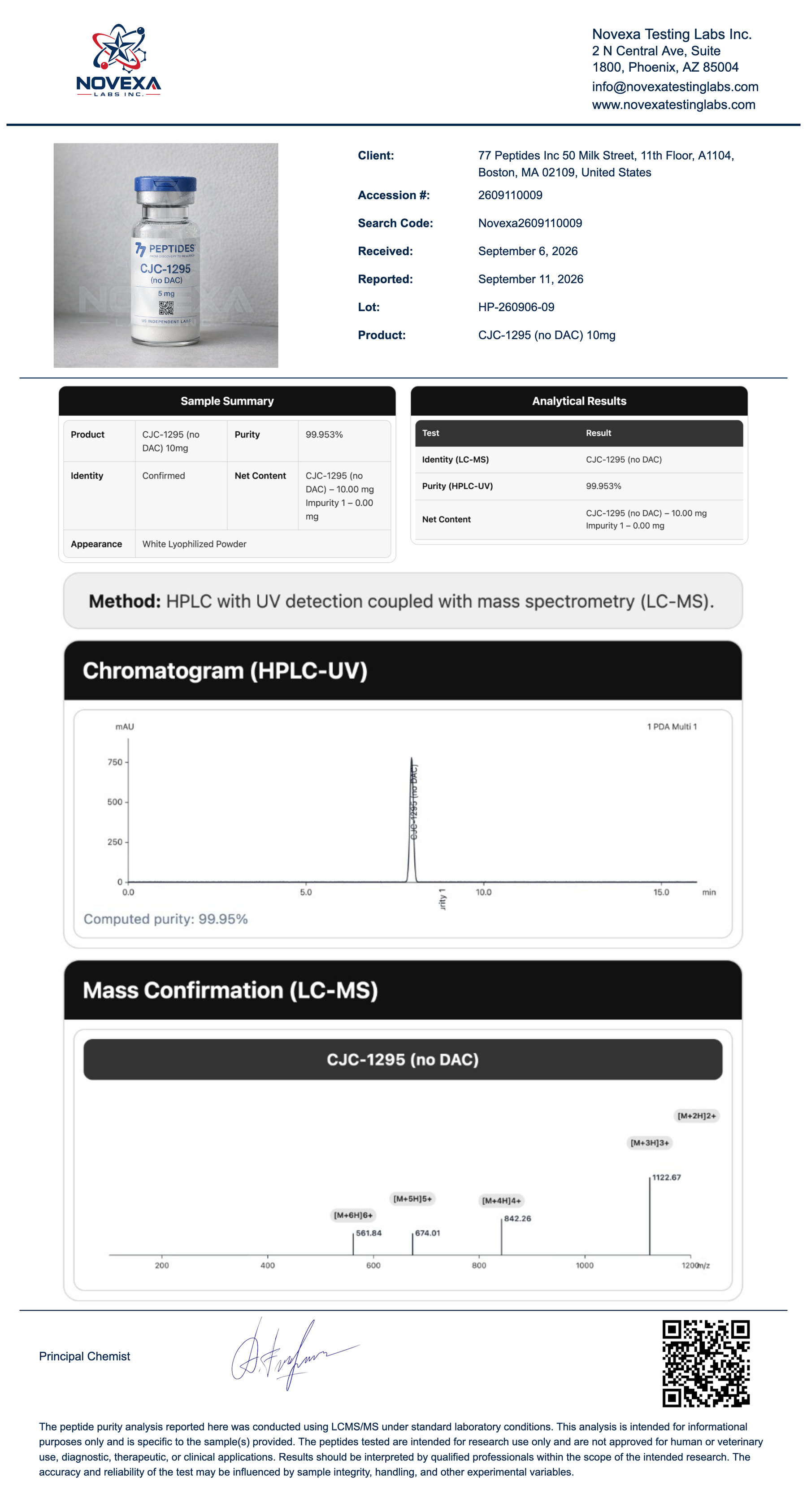 CJC-1295 (no DAC) 10 mg Certificate of Analysis — Novexa Testing Labs report