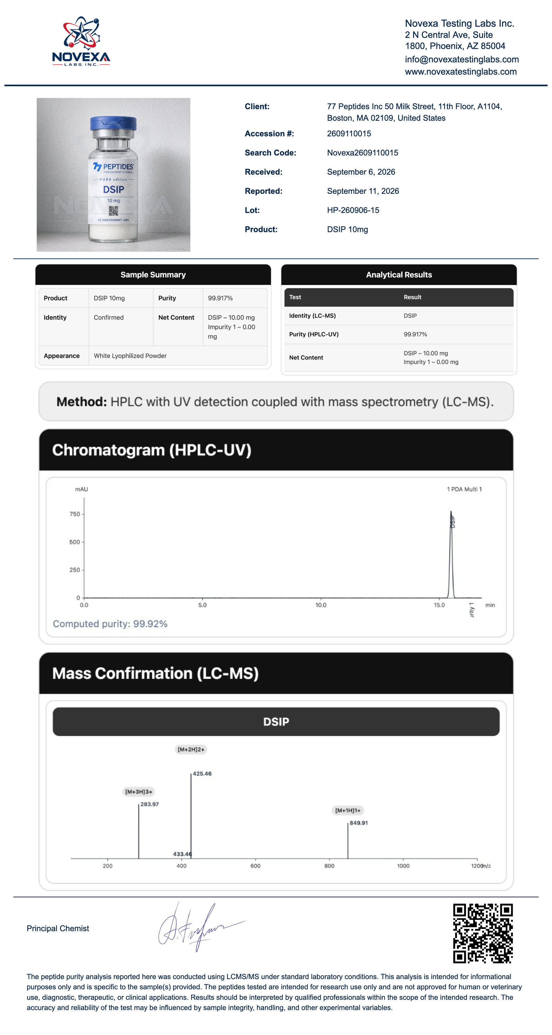 DSIP 10 mg Certificate of Analysis — Novexa Testing Labs report
