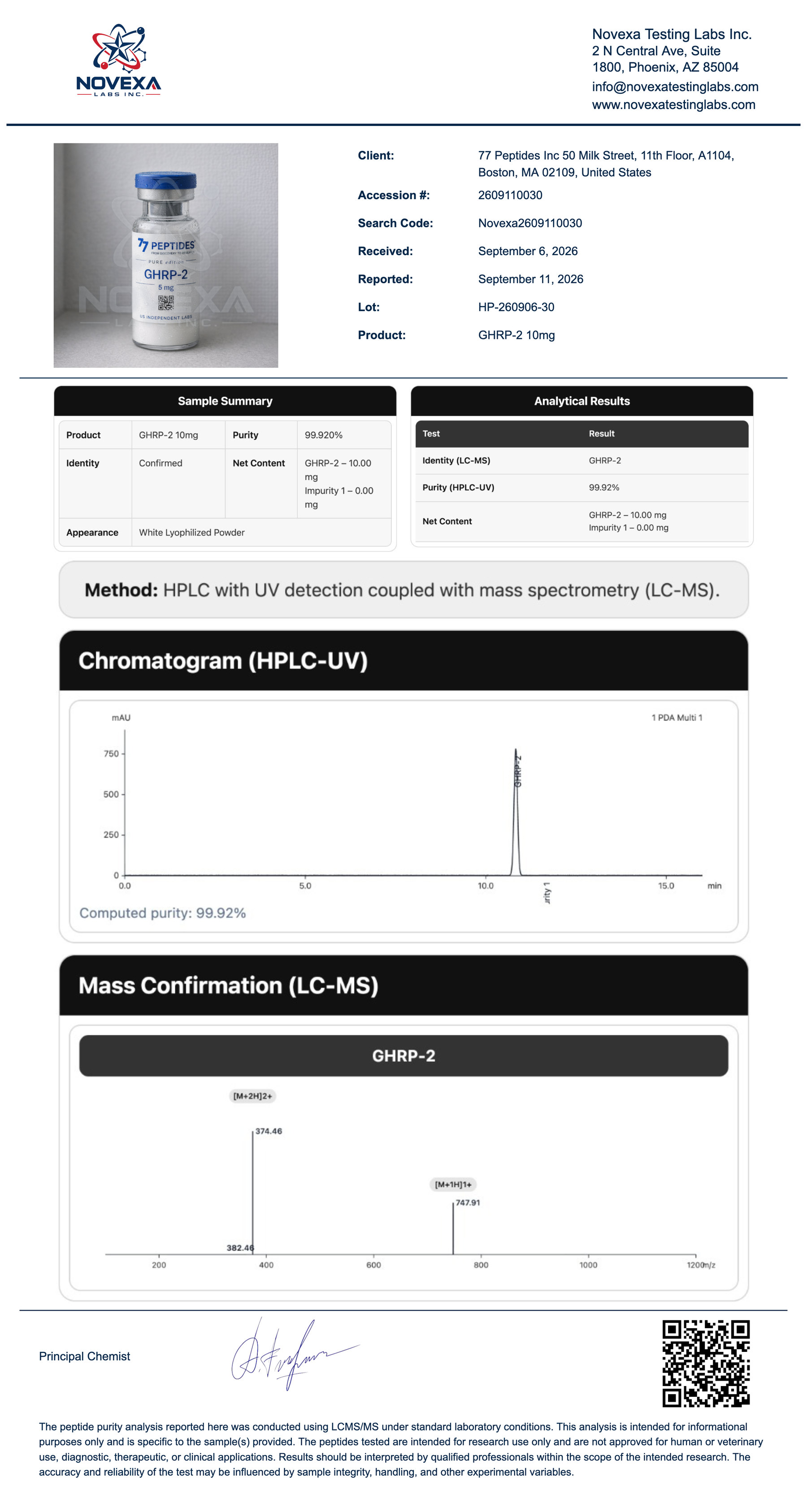 GHRP-2 10 mg Certificate of Analysis — Novexa Testing Labs report