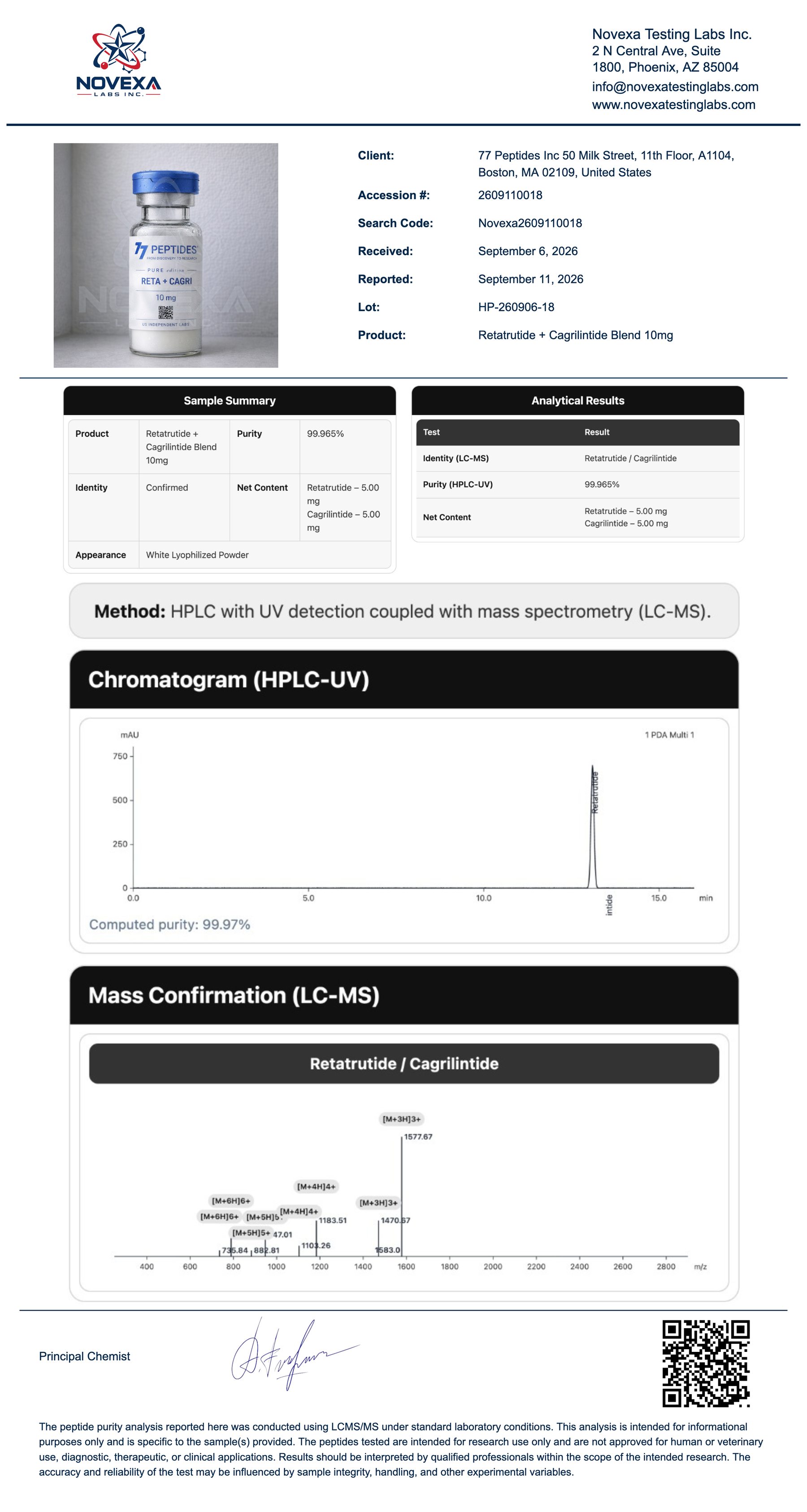 Retatrutide + Cagrilintide Blend 10 mg Certificate of Analysis — Novexa Testing Labs report