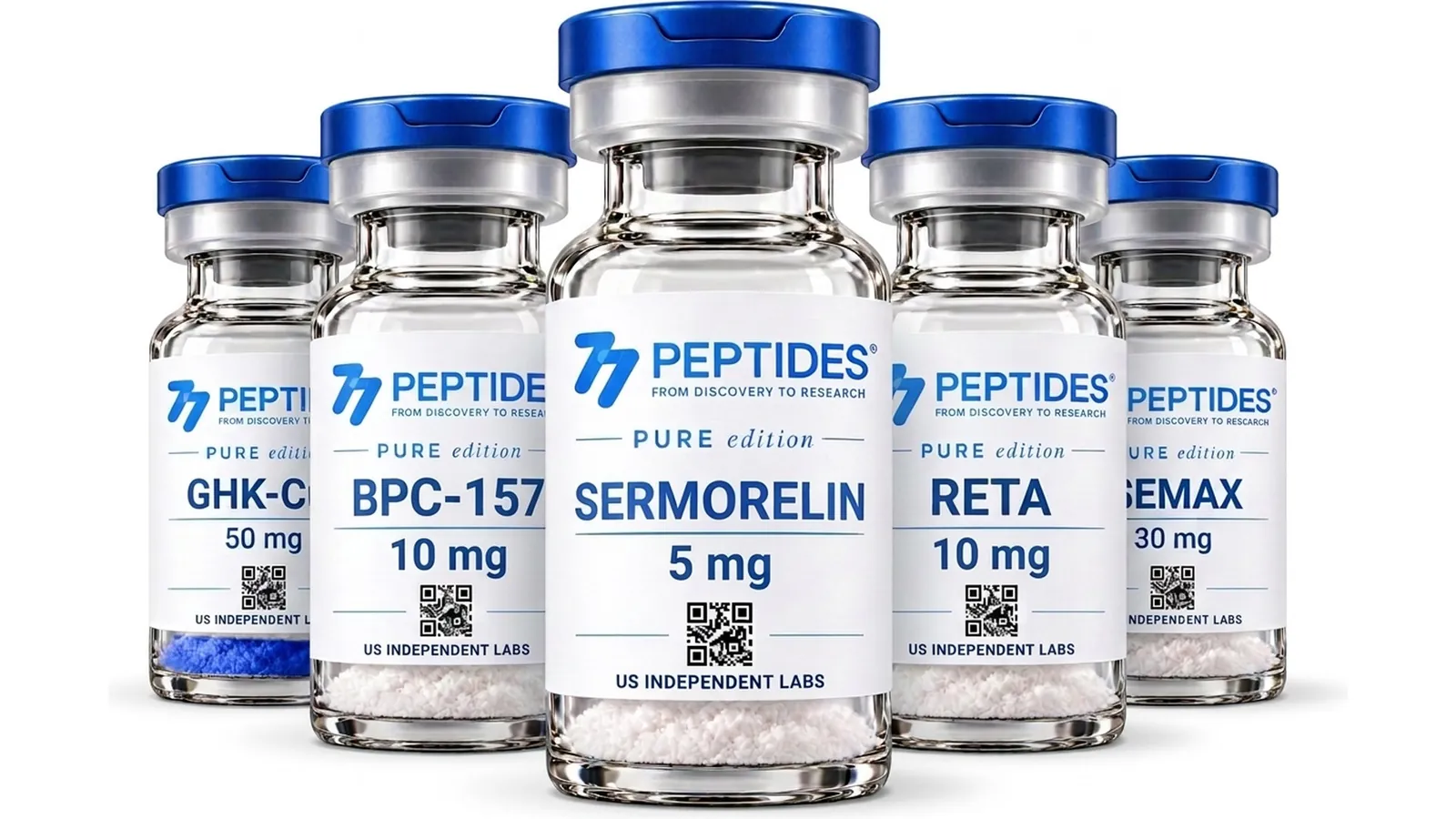 77 Peptides research collection with Sermorelin, BPC-157, Reta, GHK-Cu and Semax vials