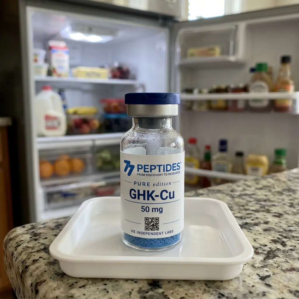Illustrative 77 Peptides GHK-Cu vial on a home kitchen counter