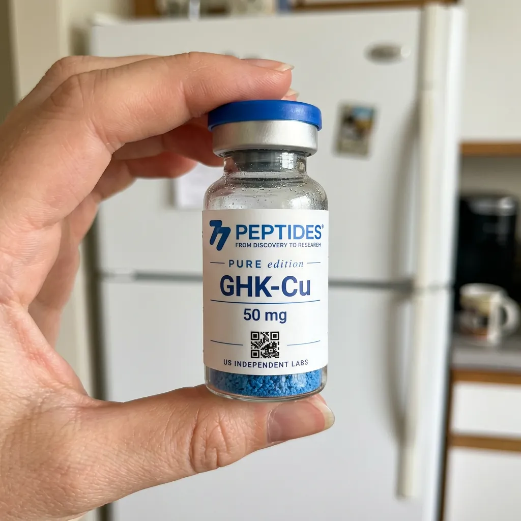 Illustrative 77 Peptides GHK-Cu vial held in a home kitchen