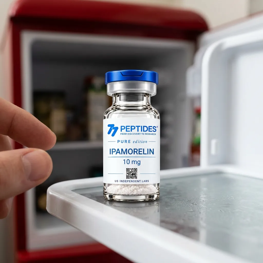 Illustrative 77 Peptides Ipamorelin vial held at home