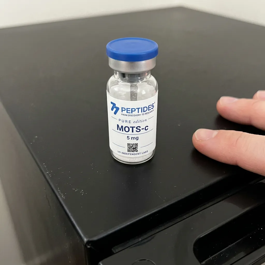 Illustrative 77 Peptides MOTS-c vial held in a home kitchen